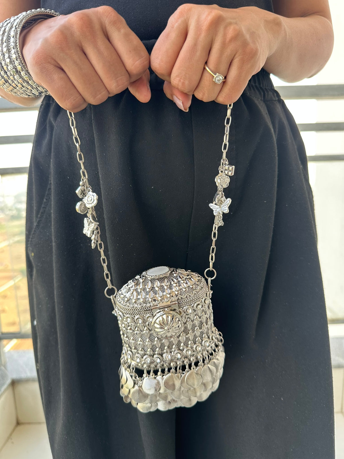 The ANARKALI Vintage Tribal Coin Potli | Handcrafted Antique Metal Potli Bag Ethnic Coin Fringe Crossbody Wedding Accessory