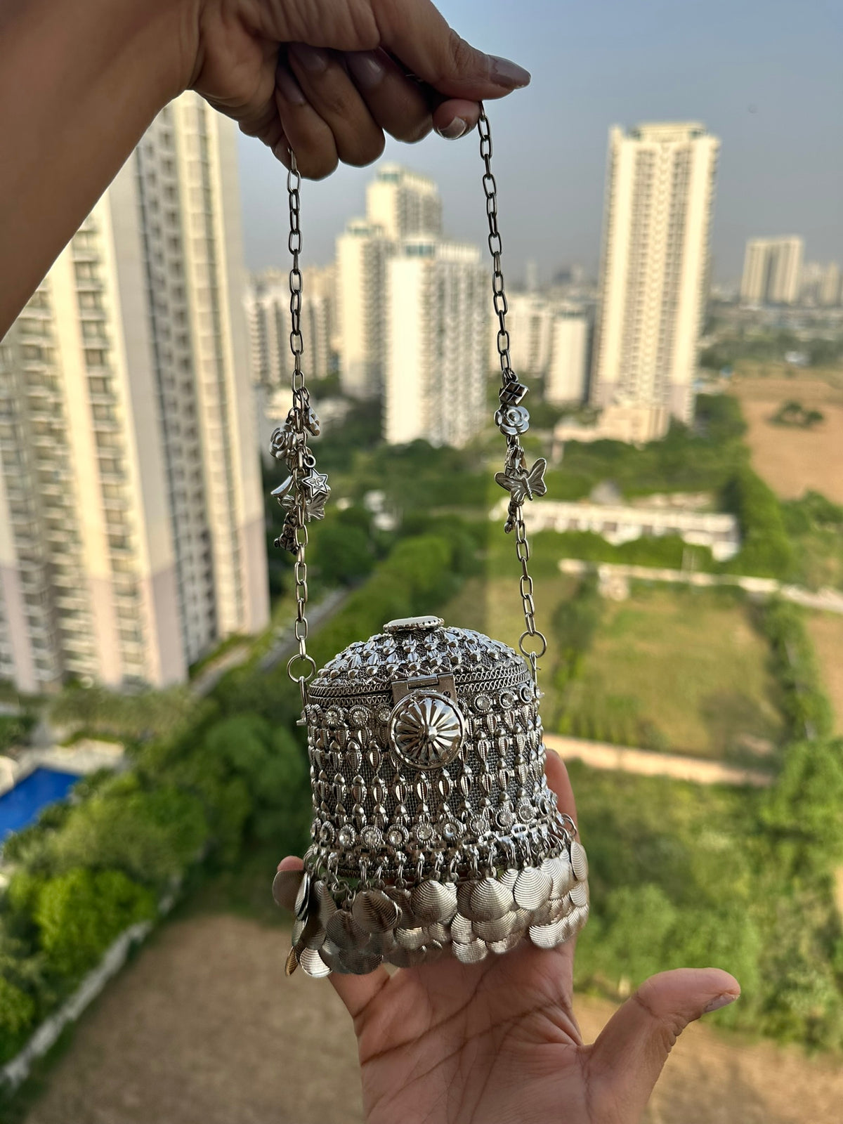 The ANARKALI Vintage Tribal Coin Potli | Handcrafted Antique Metal Potli Bag Ethnic Coin Fringe Crossbody Wedding Accessory