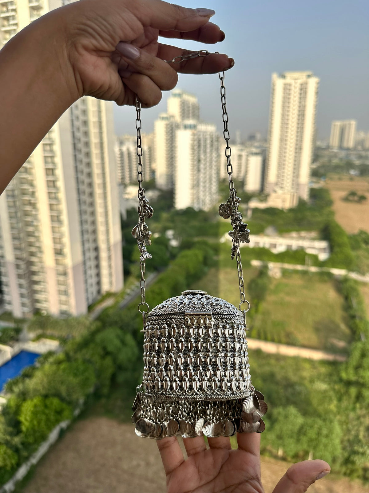 The ANARKALI Vintage Tribal Coin Potli | Handcrafted Antique Metal Potli Bag Ethnic Coin Fringe Crossbody Wedding Accessory