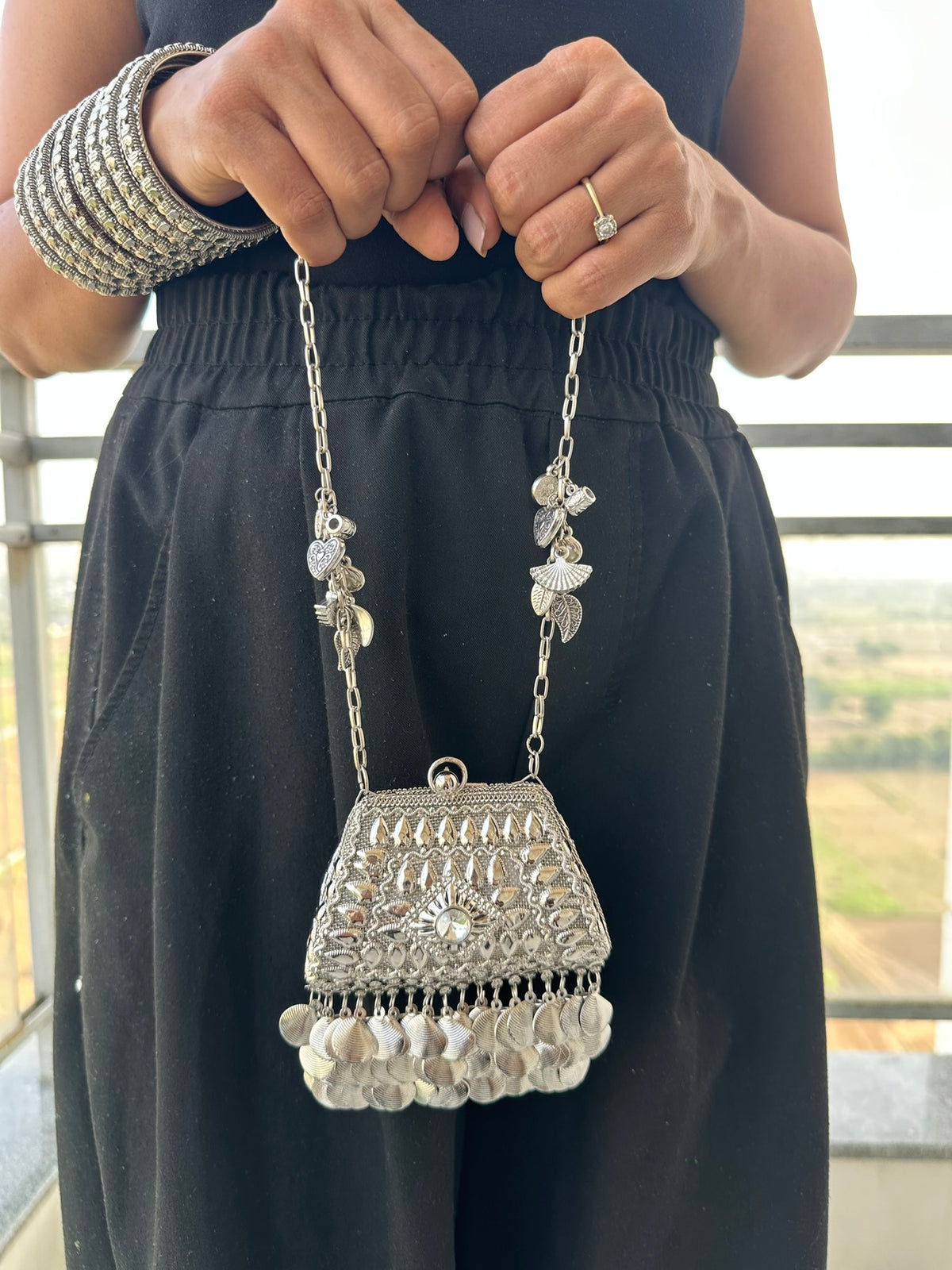 The NURAT Vintage Metallic Trapezoid Coin Bag | Handcrafted Metallic Trapezoid Frame Bag Ethnic Coin Fringe Crossbody Festive Accessory
