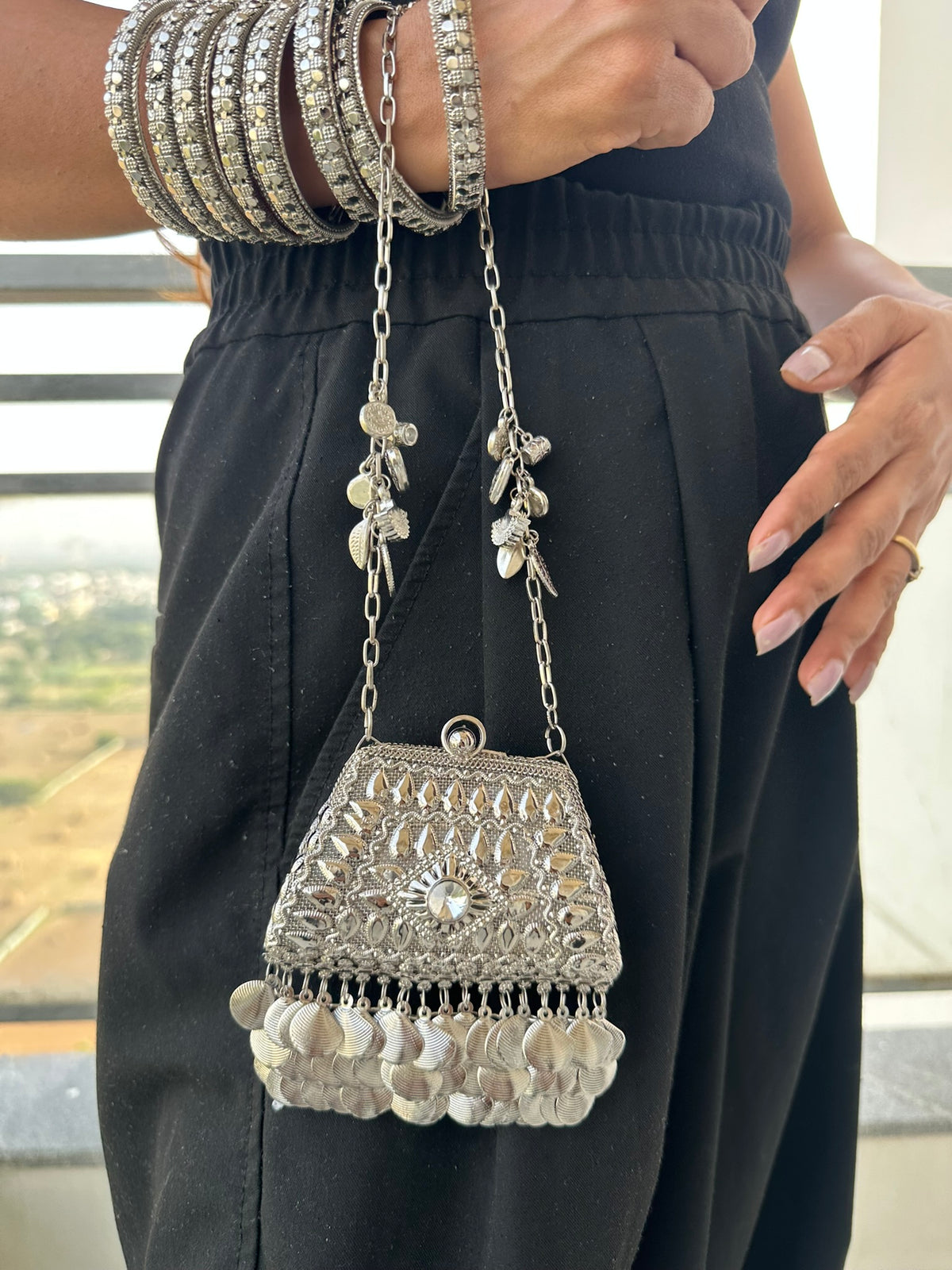 The NURAT Vintage Metallic Trapezoid Coin Bag | Handcrafted Metallic Trapezoid Frame Bag Ethnic Coin Fringe Crossbody Festive Accessory