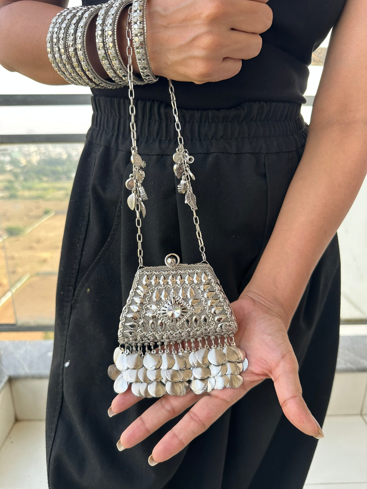 The NURAT Vintage Metallic Trapezoid Coin Bag | Handcrafted Metallic Trapezoid Frame Bag Ethnic Coin Fringe Crossbody Festive Accessory