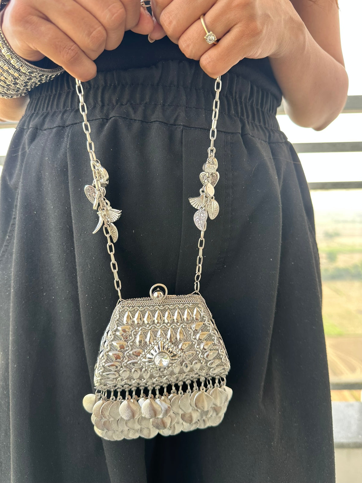 The NURAT Vintage Metallic Trapezoid Coin Bag | Handcrafted Metallic Trapezoid Frame Bag Ethnic Coin Fringe Crossbody Festive Accessory