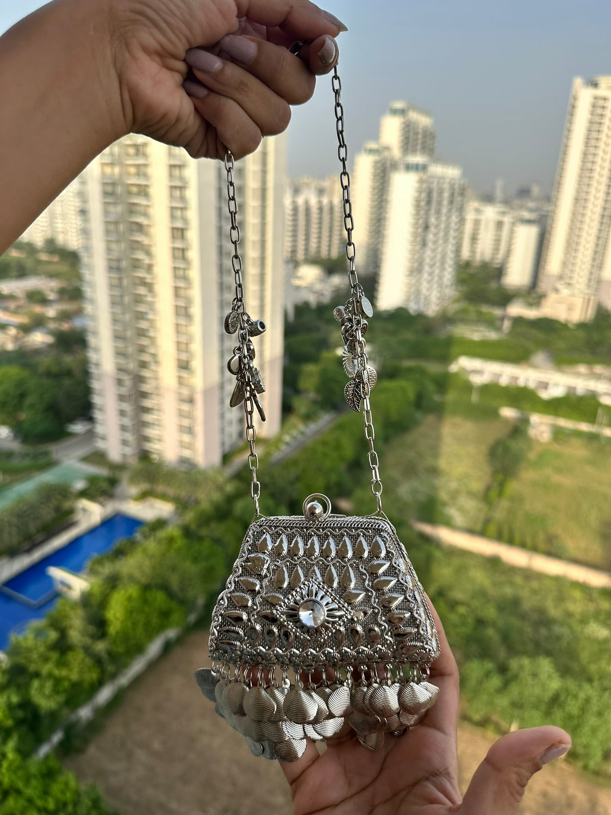 The NURAT Vintage Metallic Trapezoid Coin Bag | Handcrafted Metallic Trapezoid Frame Bag Ethnic Coin Fringe Crossbody Festive Accessory
