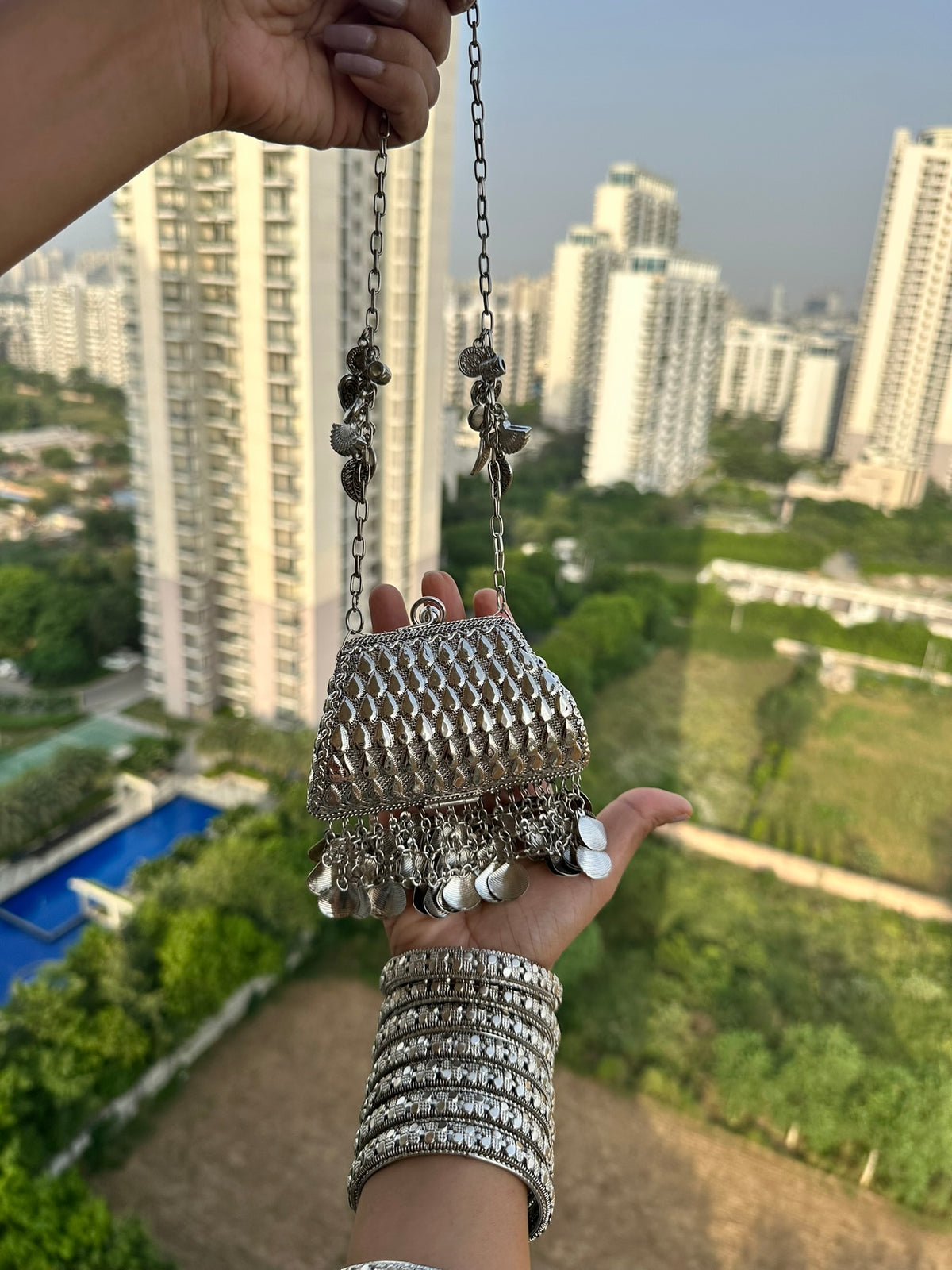 The NURAT Vintage Metallic Trapezoid Coin Bag | Handcrafted Metallic Trapezoid Frame Bag Ethnic Coin Fringe Crossbody Festive Accessory
