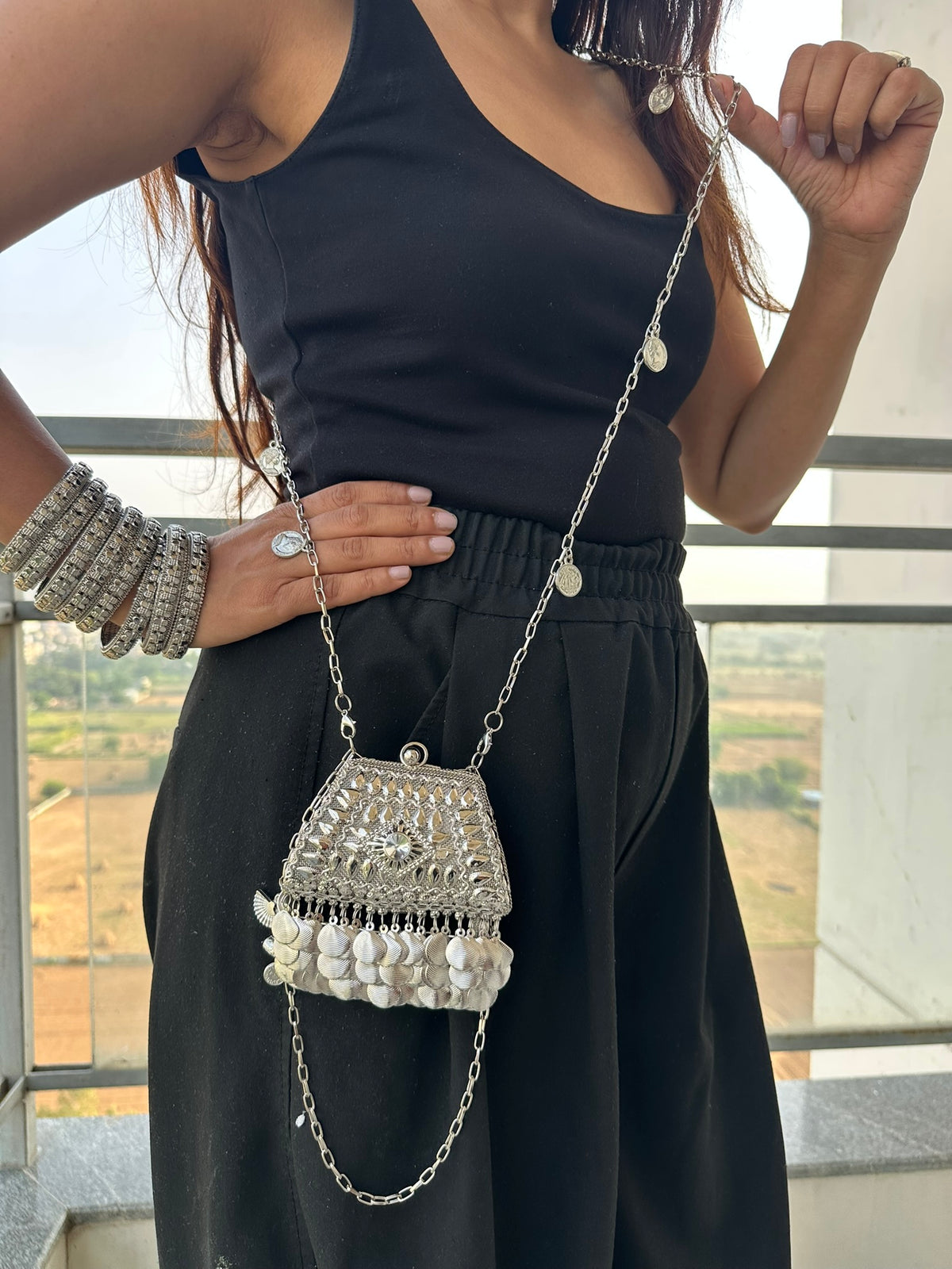 The NURAT Vintage Metallic Trapezoid Coin Bag | Handcrafted Metallic Trapezoid Frame Bag Ethnic Coin Fringe Crossbody Festive Accessory