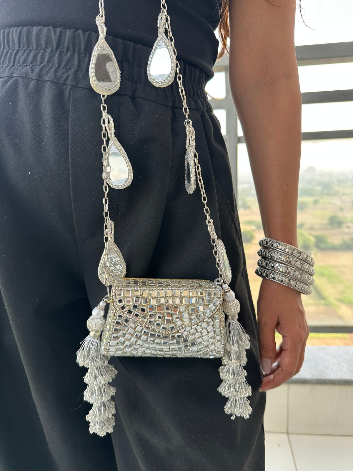 Heeramandi Aaina Tassel clutch bag | Handcrafted Sheesha Mirror Work Crossbody Bag Teardrop Charm Strap Tassel Mini Purse