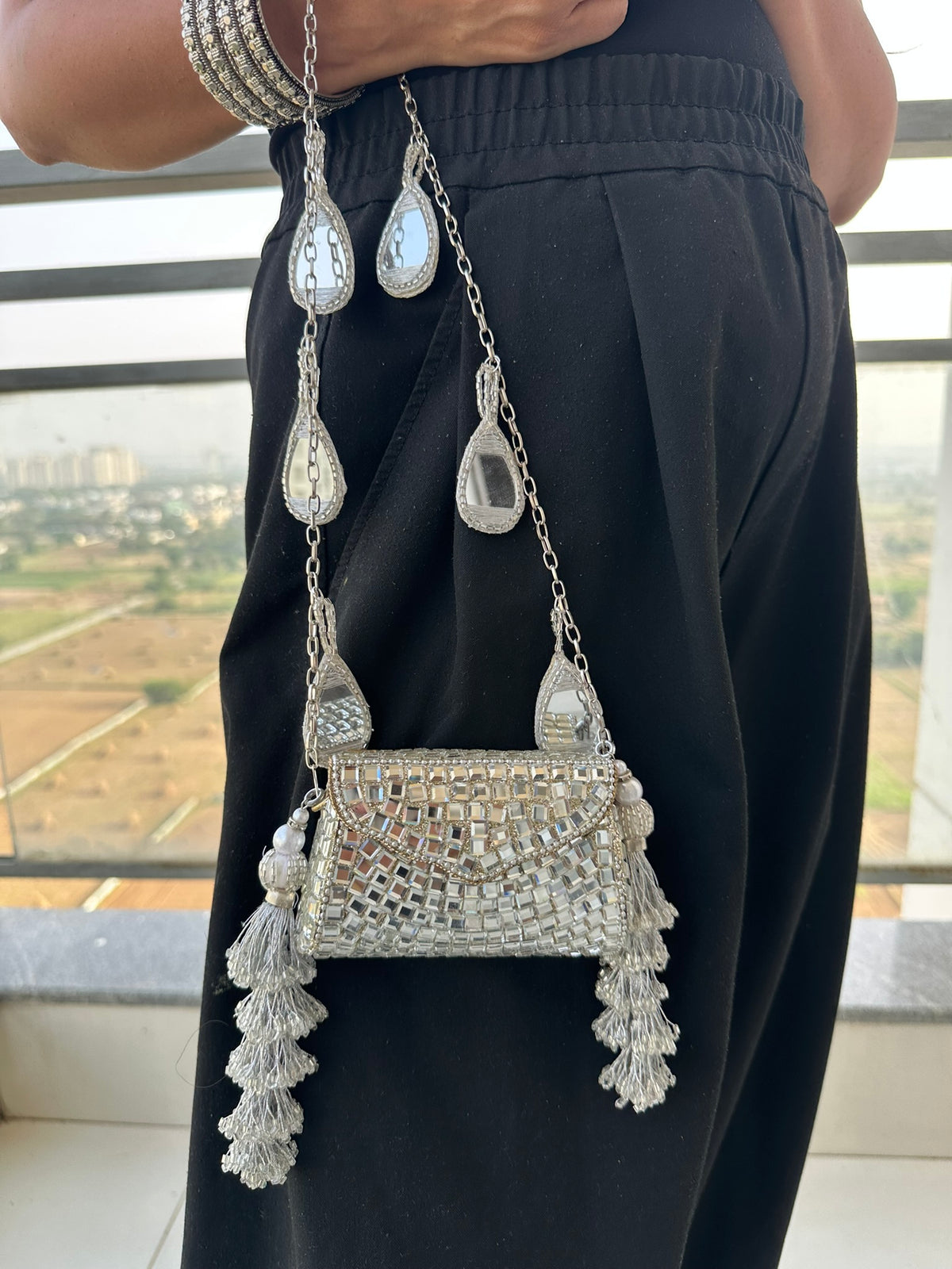 Heeramandi Aaina Tassel clutch bag | Handcrafted Sheesha Mirror Work Crossbody Bag Teardrop Charm Strap Tassel Mini Purse