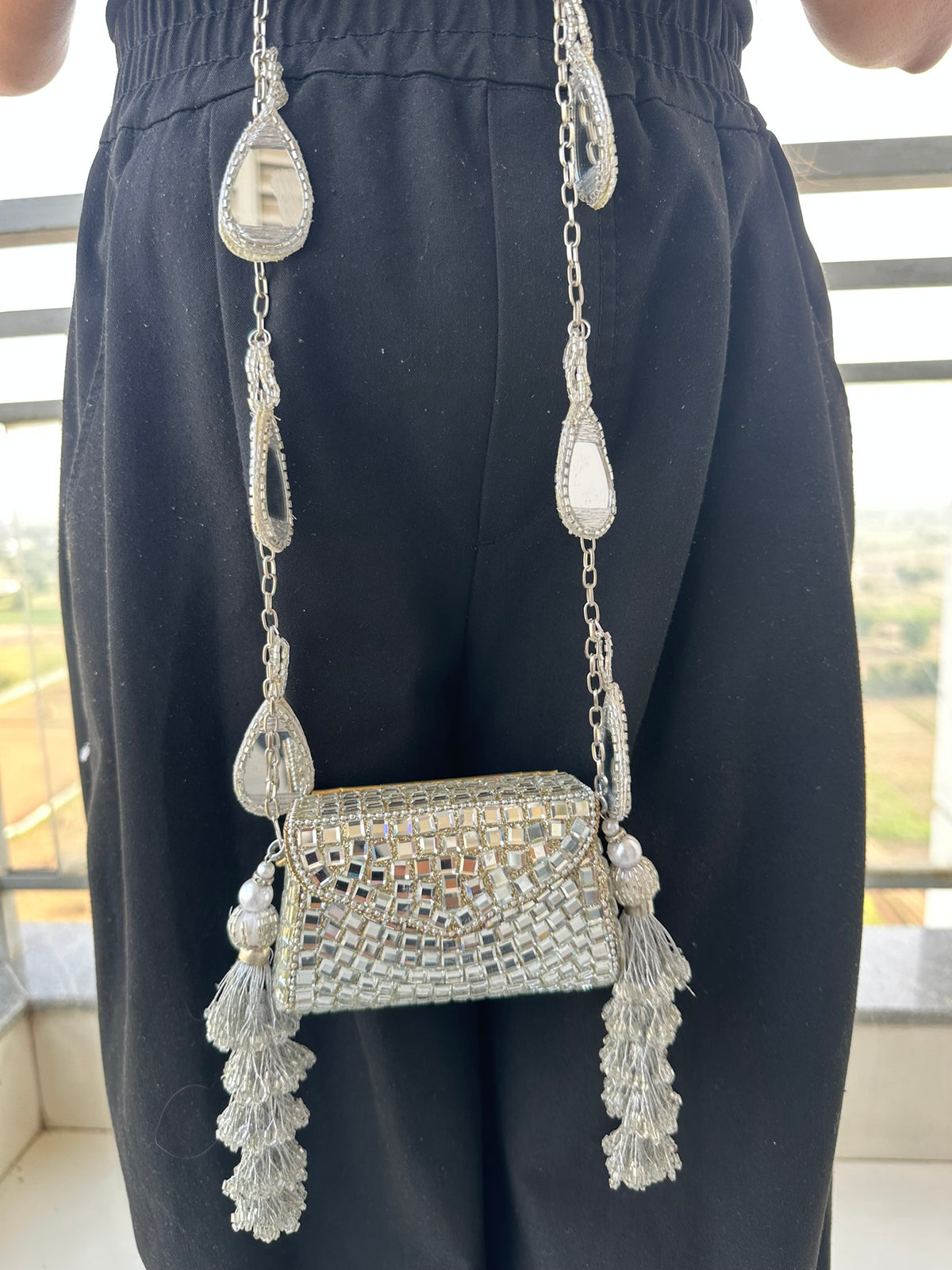 Heeramandi Aaina Tassel clutch bag | Handcrafted Sheesha Mirror Work Crossbody Bag Teardrop Charm Strap Tassel Mini Purse