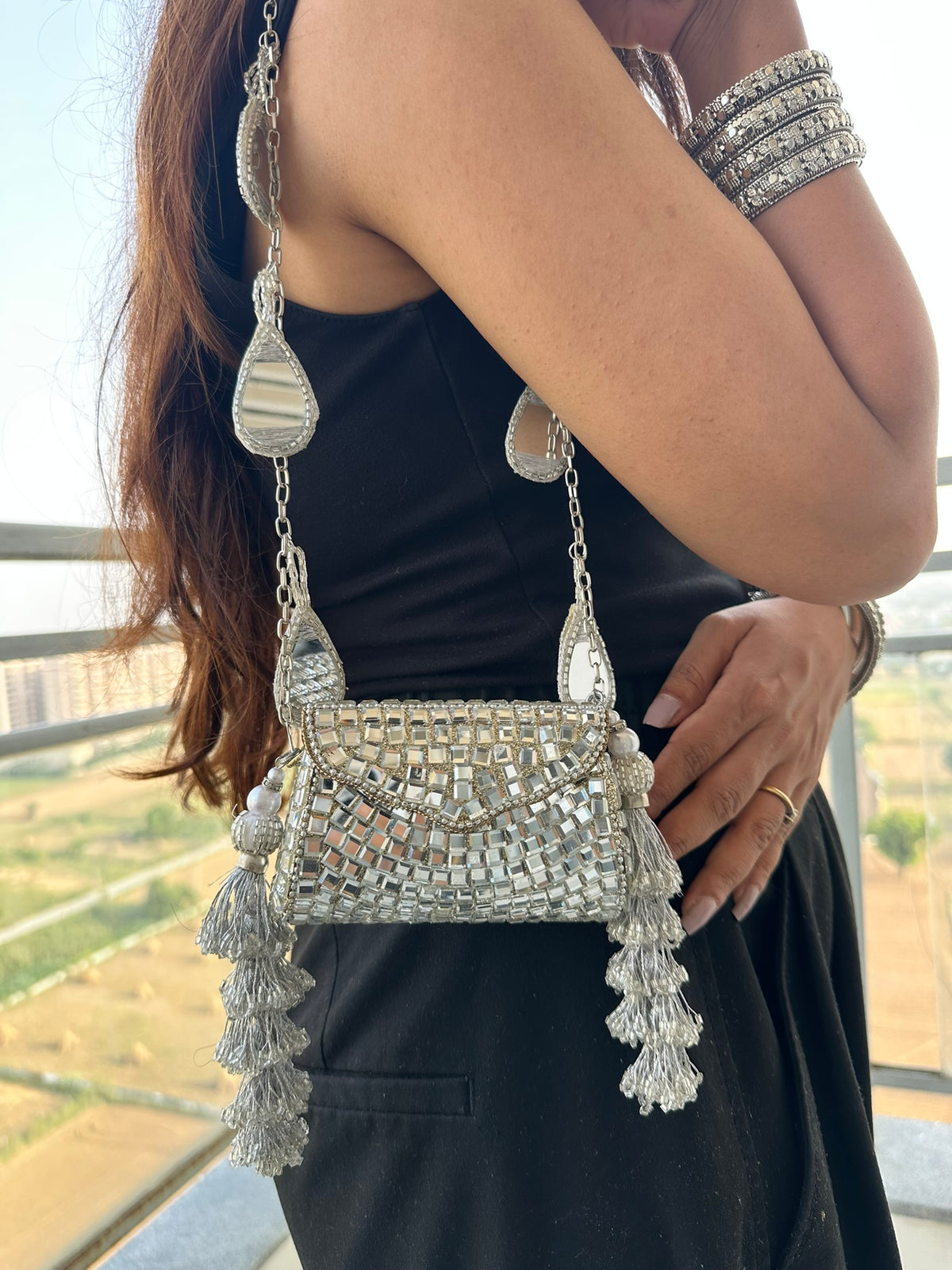 Heeramandi Aaina Tassel clutch bag | Handcrafted Sheesha Mirror Work Crossbody Bag Teardrop Charm Strap Tassel Mini Purse