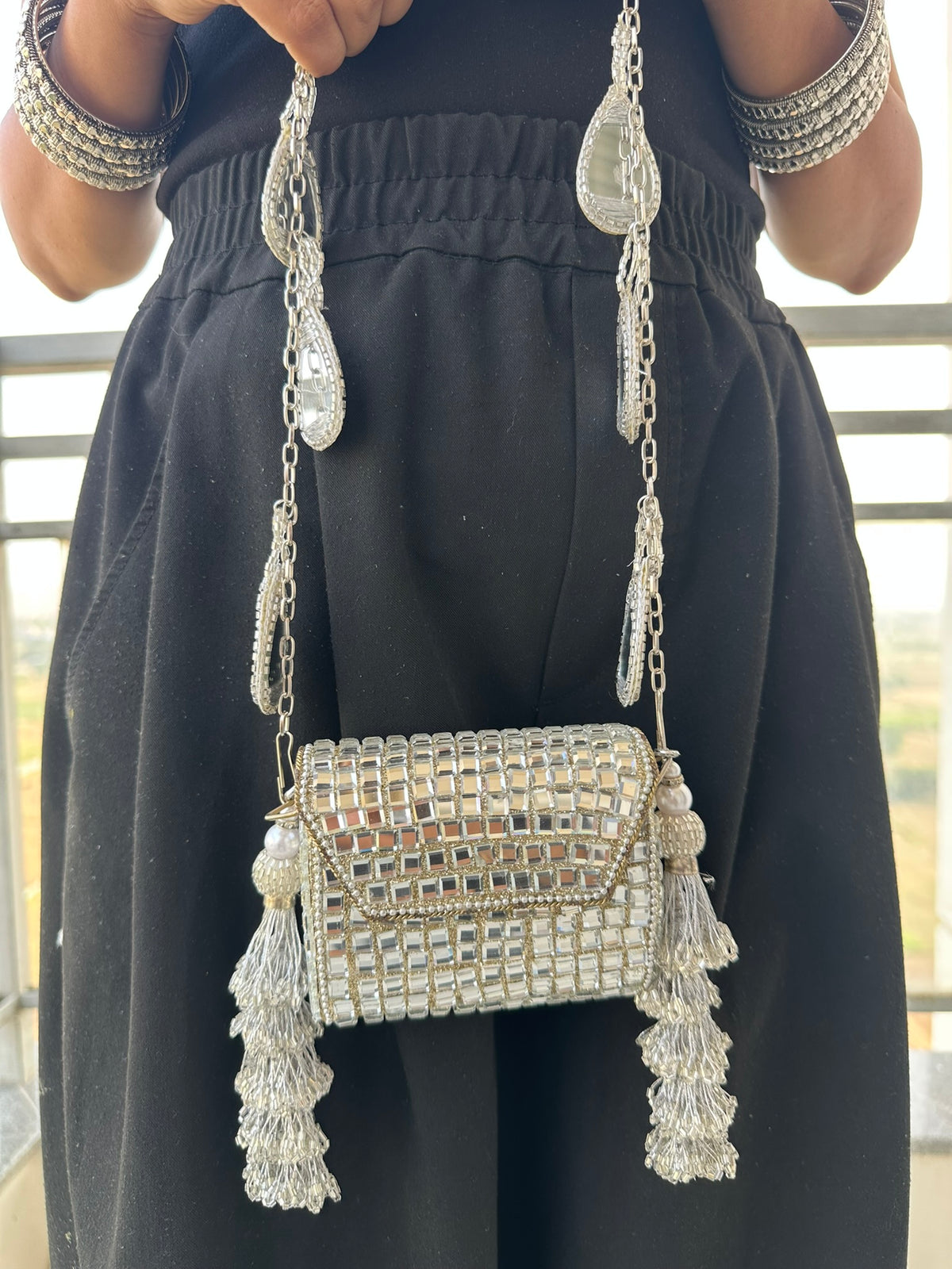 Heeramandi Aaina Tassel clutch bag | Handcrafted Sheesha Mirror Work Crossbody Bag Teardrop Charm Strap Tassel Mini Purse