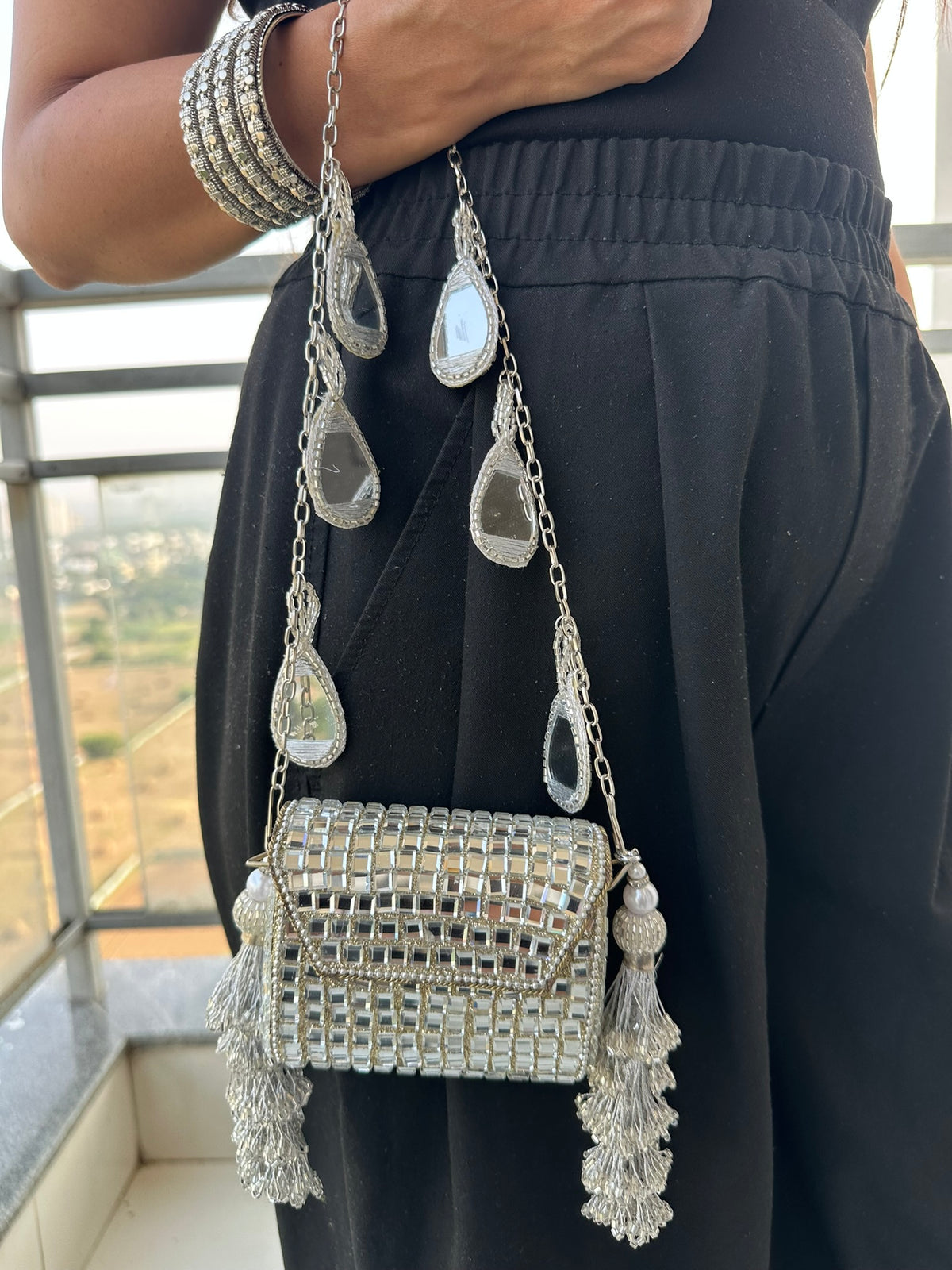 Heeramandi Aaina Tassel clutch bag | Handcrafted Sheesha Mirror Work Crossbody Bag Teardrop Charm Strap Tassel Mini Purse