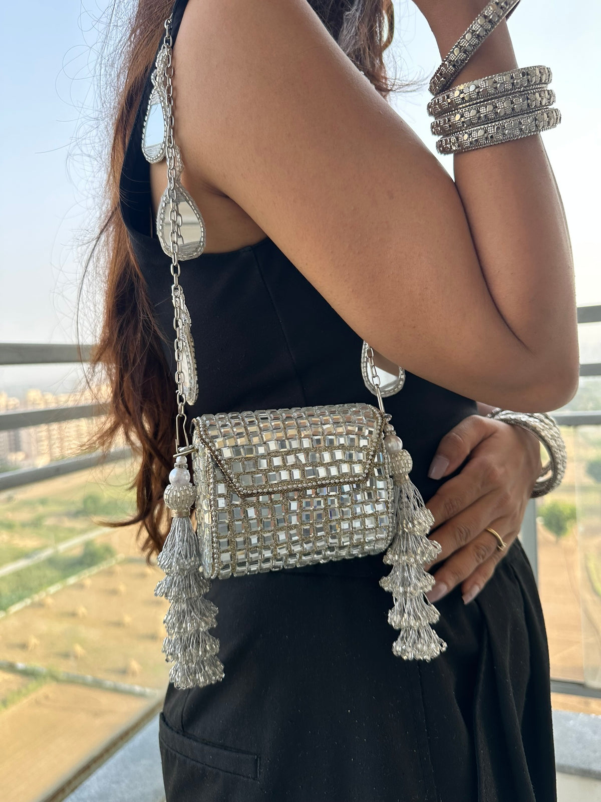 Heeramandi Aaina Tassel clutch bag | Handcrafted Sheesha Mirror Work Crossbody Bag Teardrop Charm Strap Tassel Mini Purse