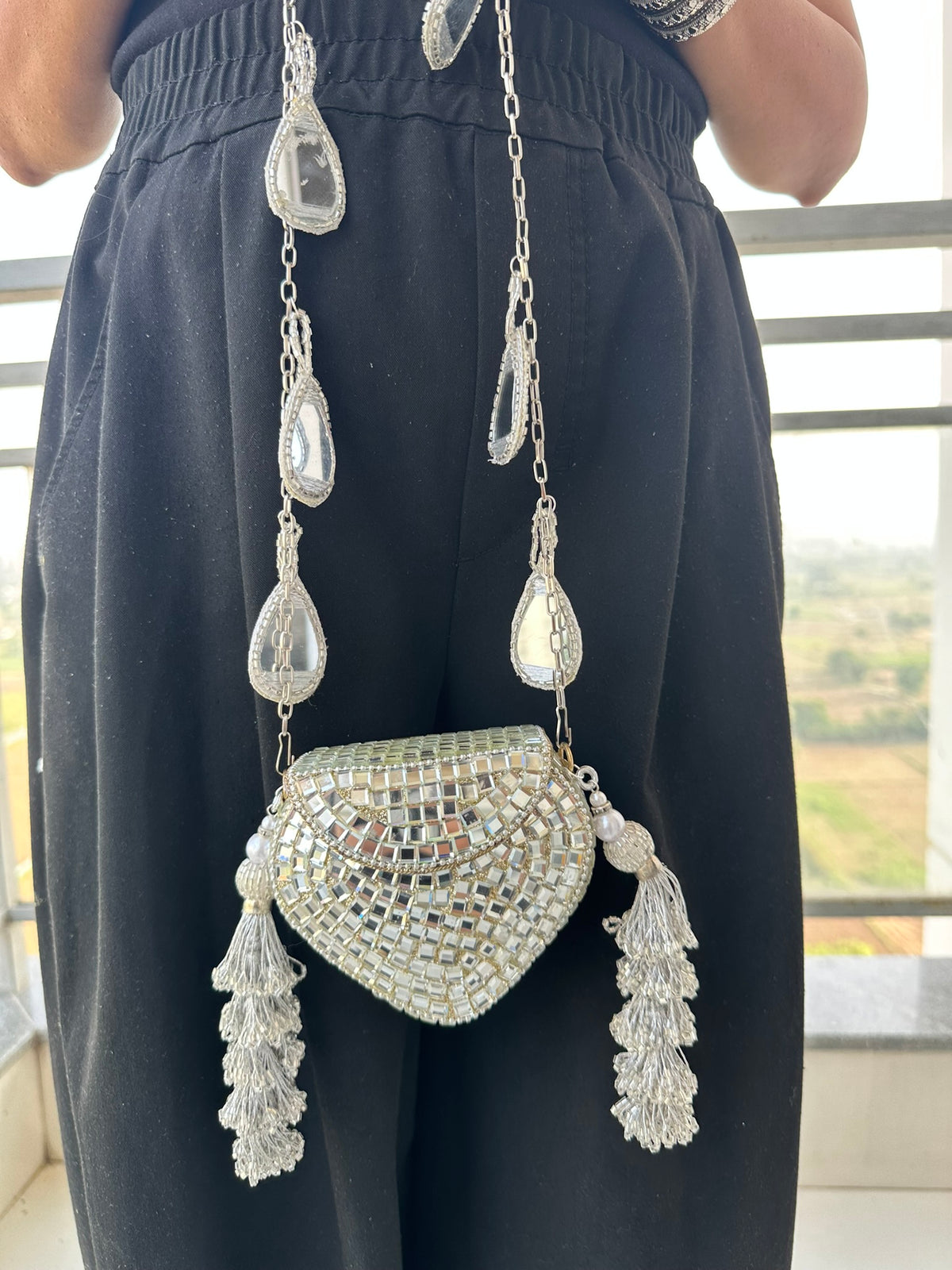 Heeramandi Aaina Tassel clutch bag | Handcrafted Sheesha Mirror Work Crossbody Bag Teardrop Charm Strap Tassel Mini Purse