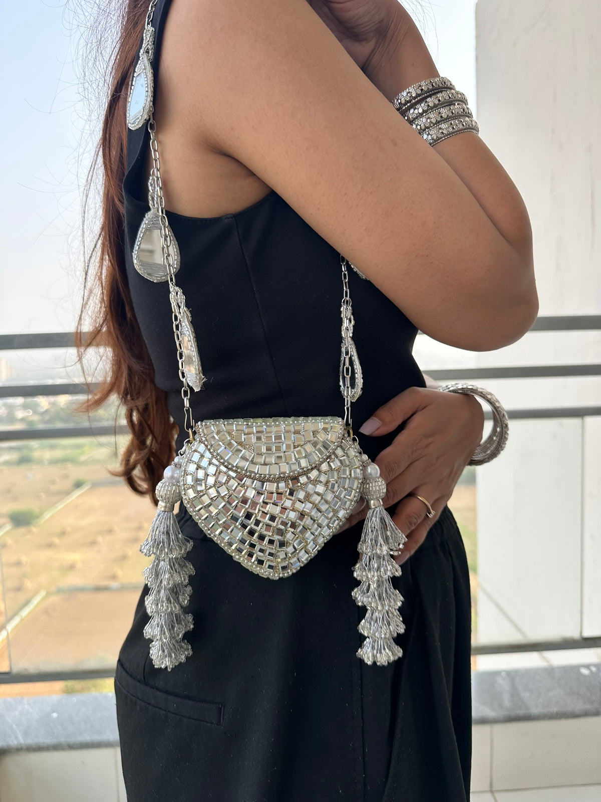 Heeramandi Aaina Tassel clutch bag | Handcrafted Sheesha Mirror Work Crossbody Bag Teardrop Charm Strap Tassel Mini Purse