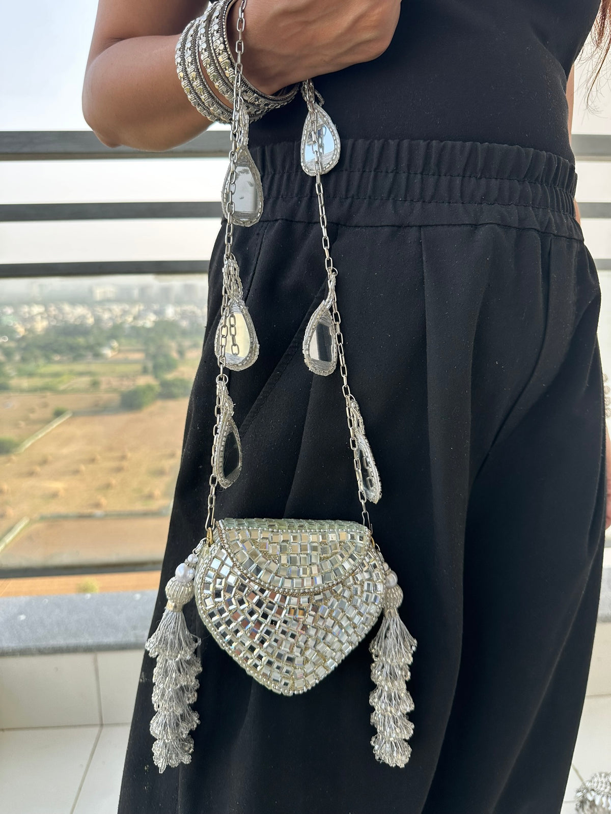 Heeramandi Aaina Tassel clutch bag | Handcrafted Sheesha Mirror Work Crossbody Bag Teardrop Charm Strap Tassel Mini Purse