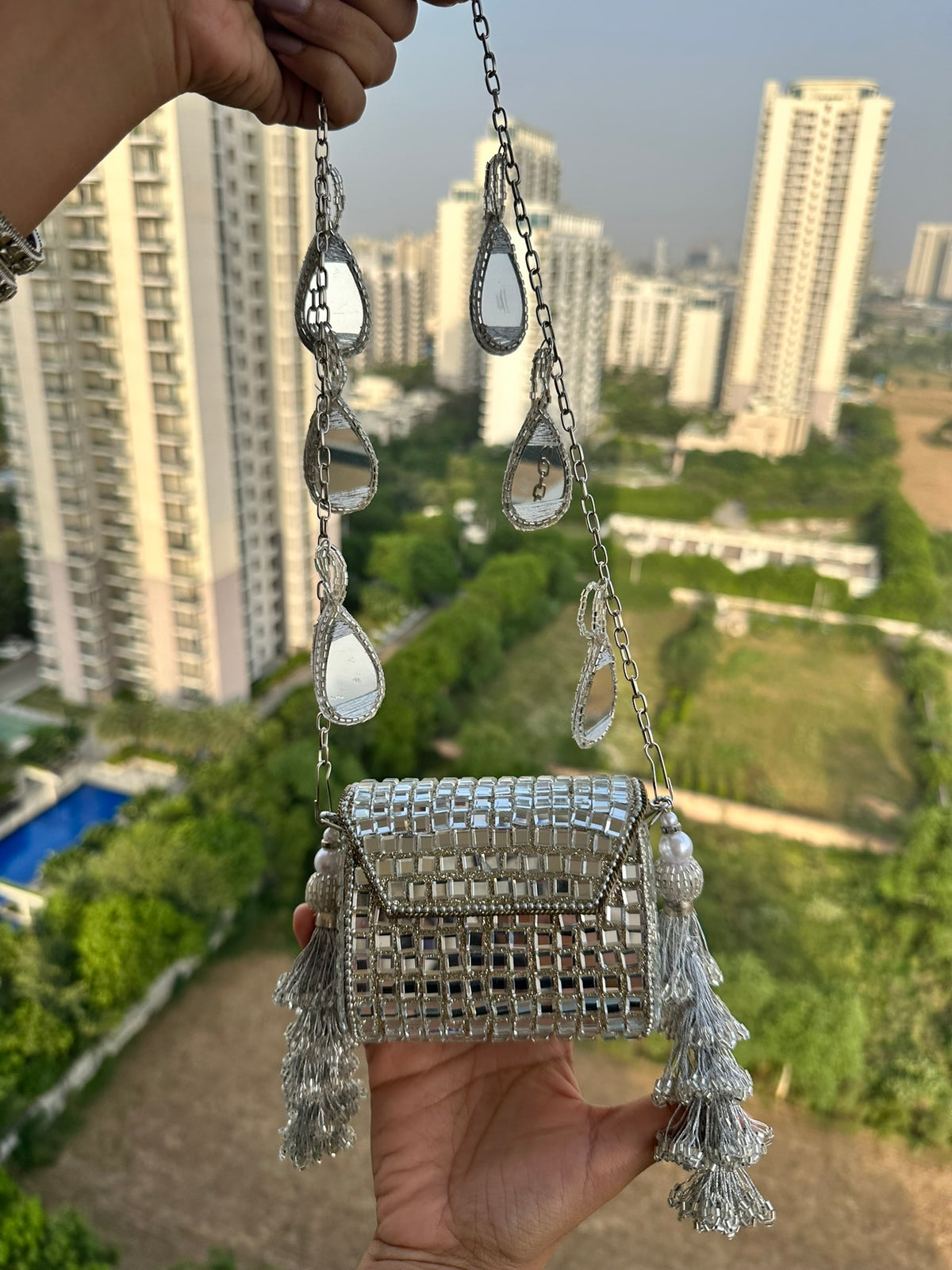Heeramandi Aaina Tassel clutch bag | Handcrafted Sheesha Mirror Work Crossbody Bag Teardrop Charm Strap Tassel Mini Purse
