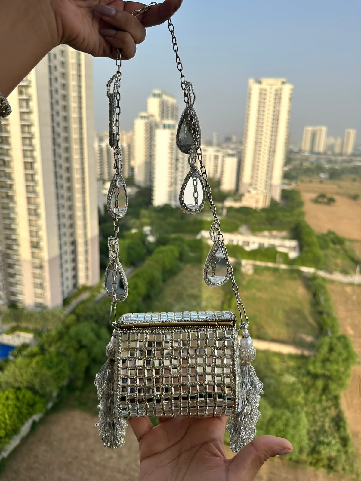 Heeramandi Aaina Tassel clutch bag | Handcrafted Sheesha Mirror Work Crossbody Bag Teardrop Charm Strap Tassel Mini Purse