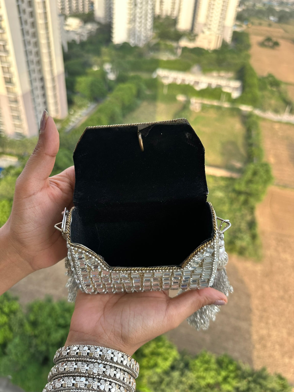 Heeramandi Aaina Tassel clutch bag | Handcrafted Sheesha Mirror Work Crossbody Bag Teardrop Charm Strap Tassel Mini Purse