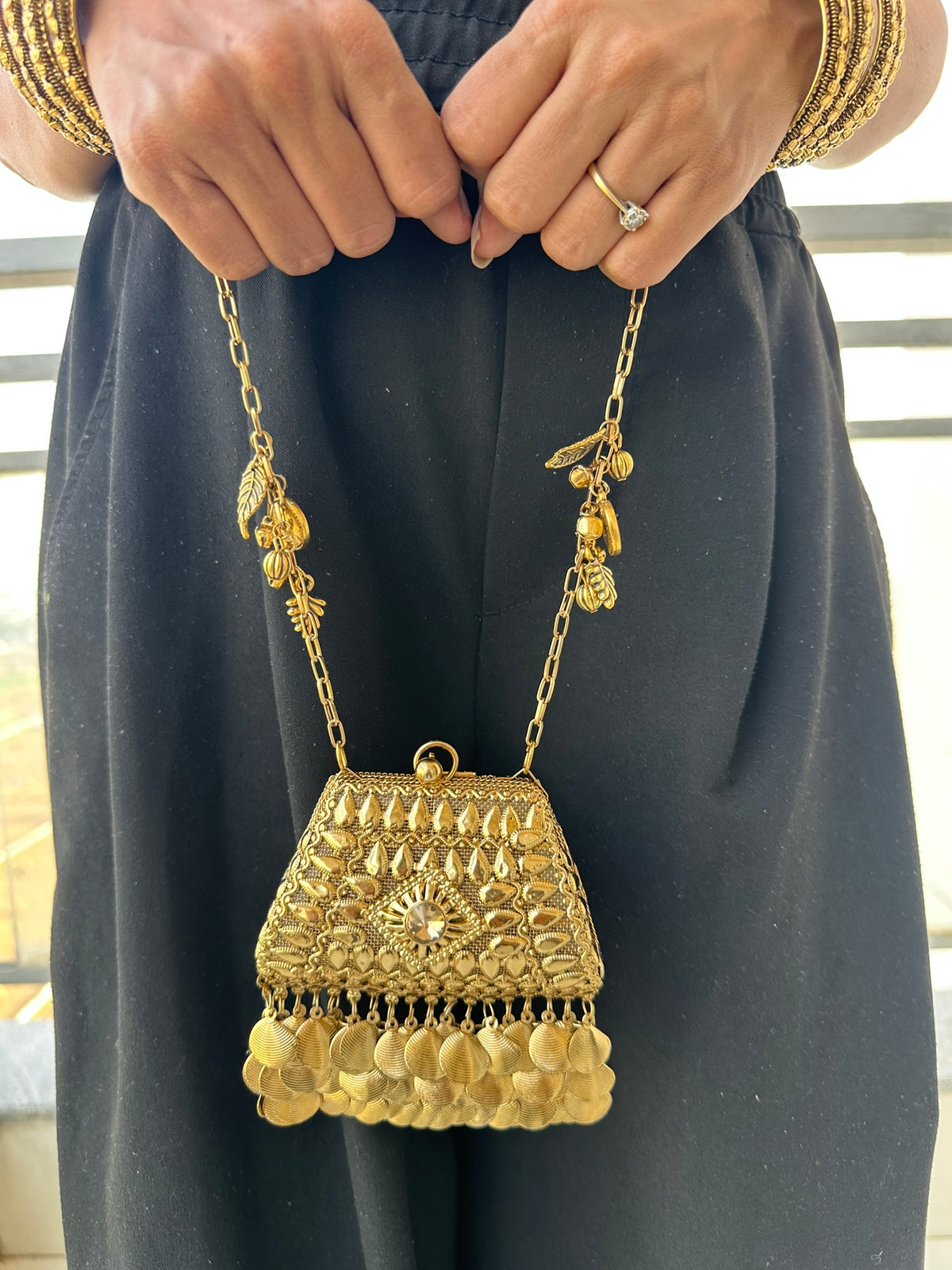 The NURAT Vintage Metallic Trapezoid Coin Bag | Handcrafted Metallic Trapezoid Frame Bag Ethnic Coin Fringe Crossbody Festive Accessory