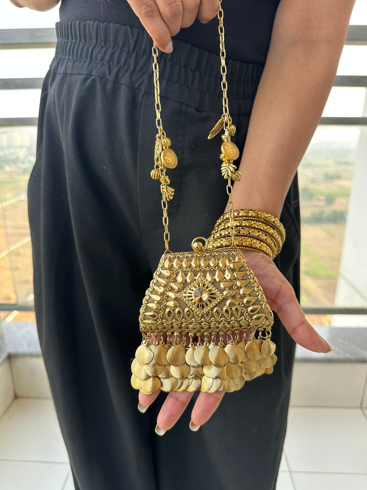 The NURAT Vintage Metallic Trapezoid Coin Bag | Handcrafted Metallic Trapezoid Frame Bag Ethnic Coin Fringe Crossbody Festive Accessory