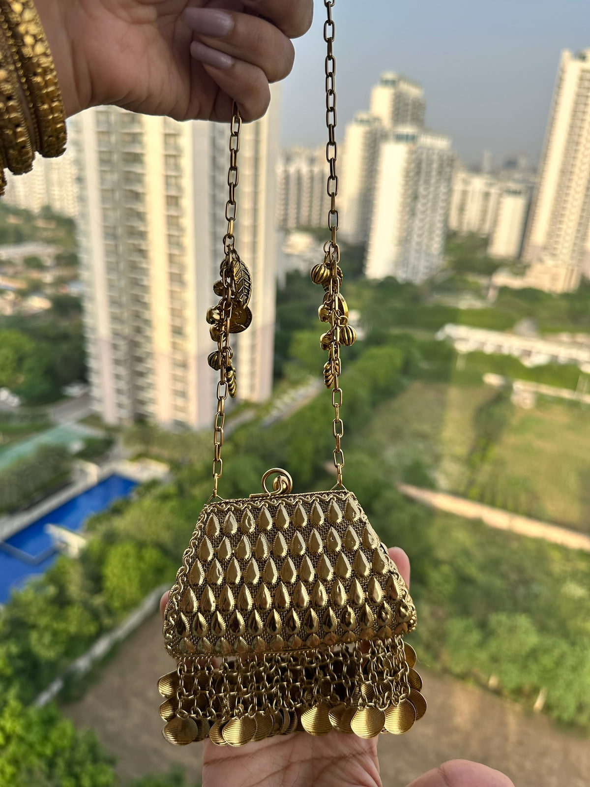 The NURAT Vintage Metallic Trapezoid Coin Bag | Handcrafted Metallic Trapezoid Frame Bag Ethnic Coin Fringe Crossbody Festive Accessory
