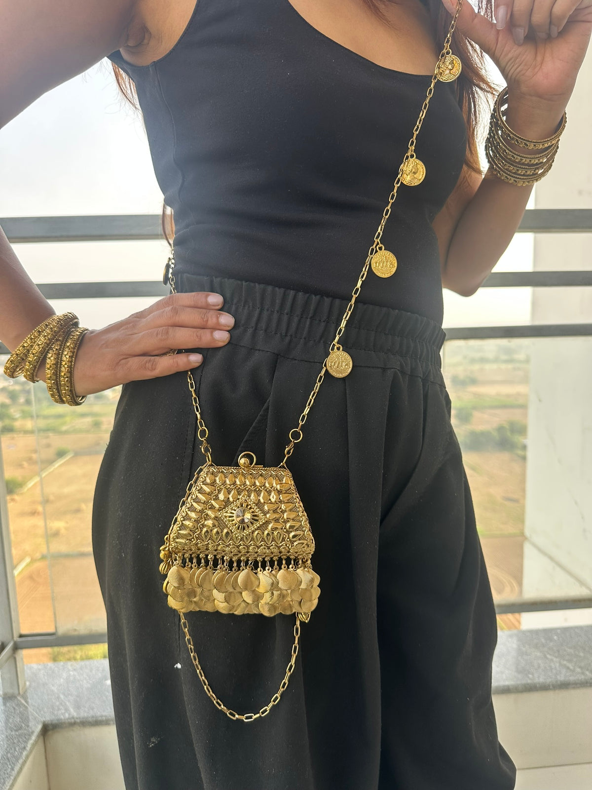 The NURAT Vintage Metallic Trapezoid Coin Bag | Handcrafted Metallic Trapezoid Frame Bag Ethnic Coin Fringe Crossbody Festive Accessory