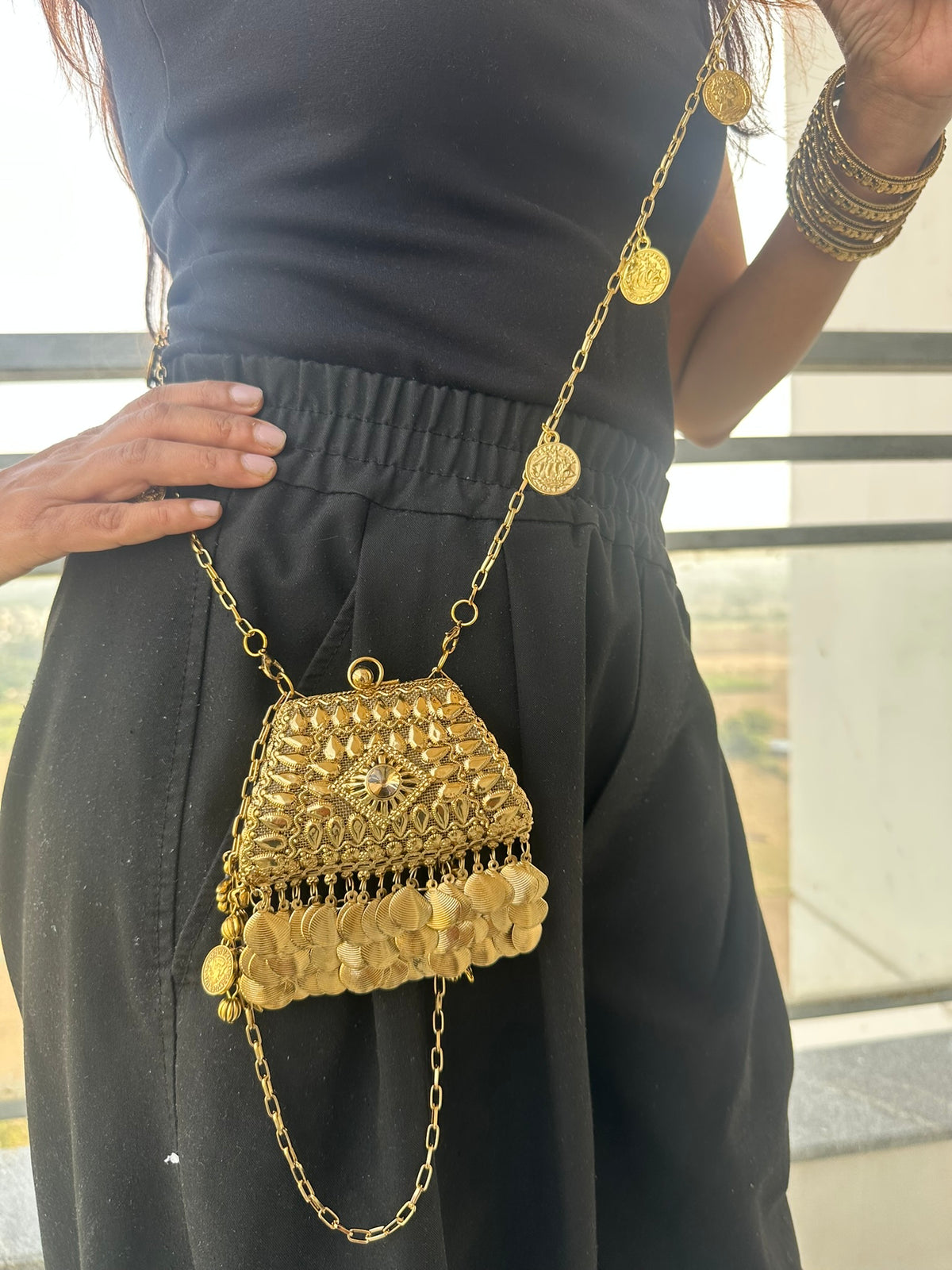 The NURAT Vintage Metallic Trapezoid Coin Bag | Handcrafted Metallic Trapezoid Frame Bag Ethnic Coin Fringe Crossbody Festive Accessory
