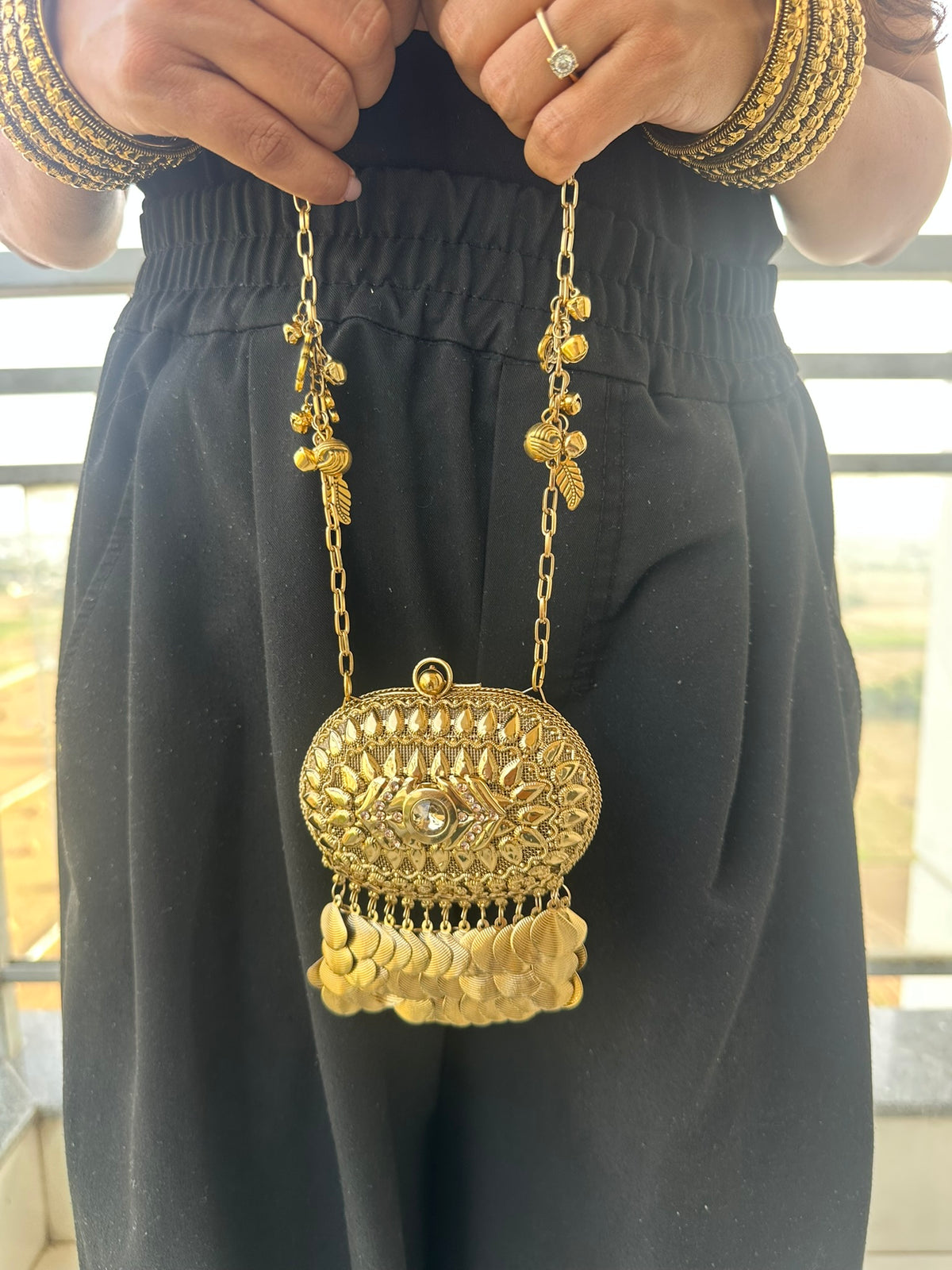 The SAHIBA Vintage Oval Metal Coin Purse | Handcrafted Oval Metal Minaudiere Banjara Charm Sling Ghungroo Party Purse
