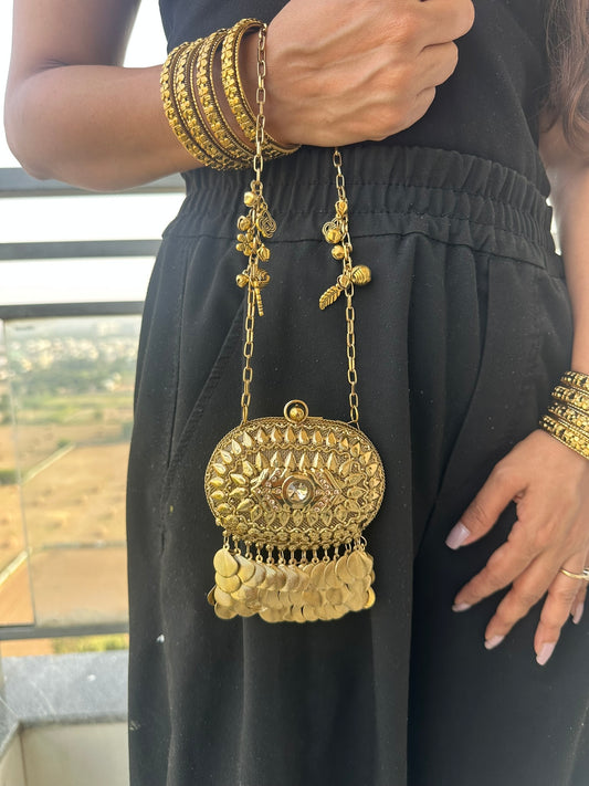 The SAHIBA Vintage Oval Metal Coin Purse | Handcrafted Oval Metal Minaudiere Banjara Charm Sling Ghungroo Party Purse