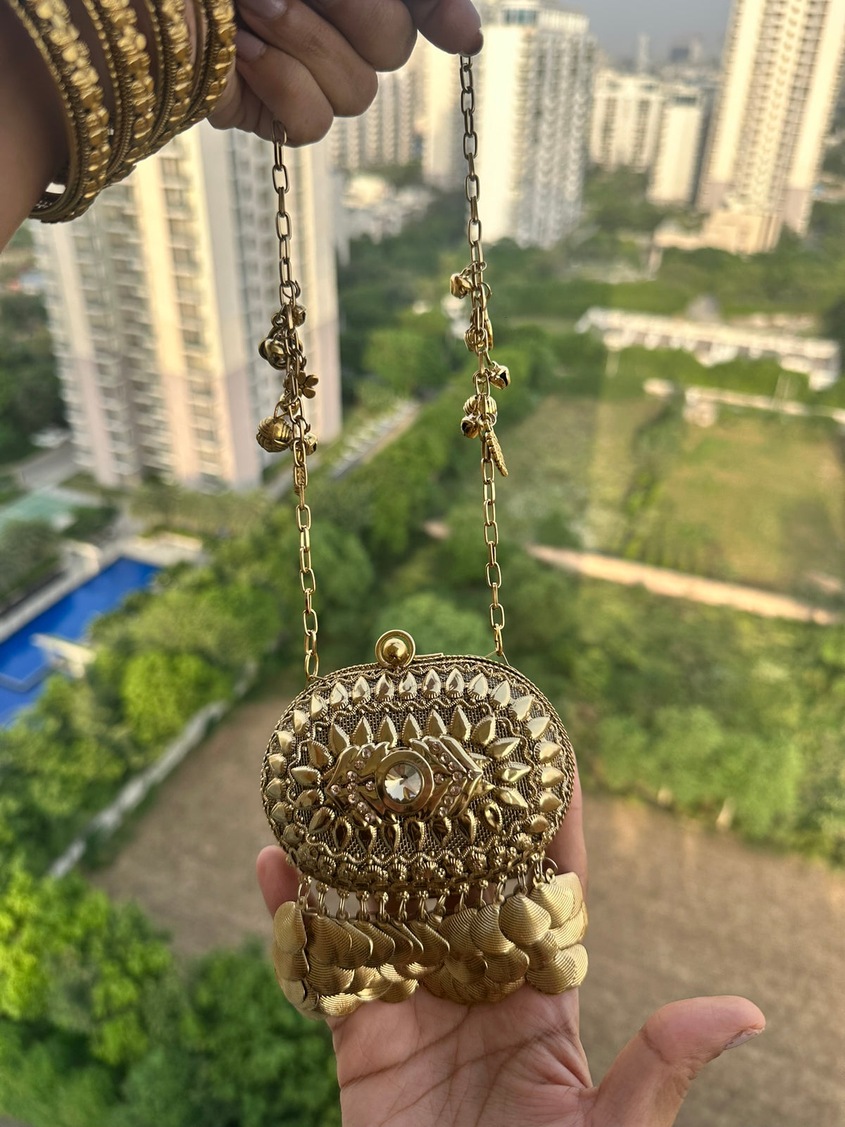 The SAHIBA Vintage Oval Metal Coin Purse | Handcrafted Oval Metal Minaudiere Banjara Charm Sling Ghungroo Party Purse