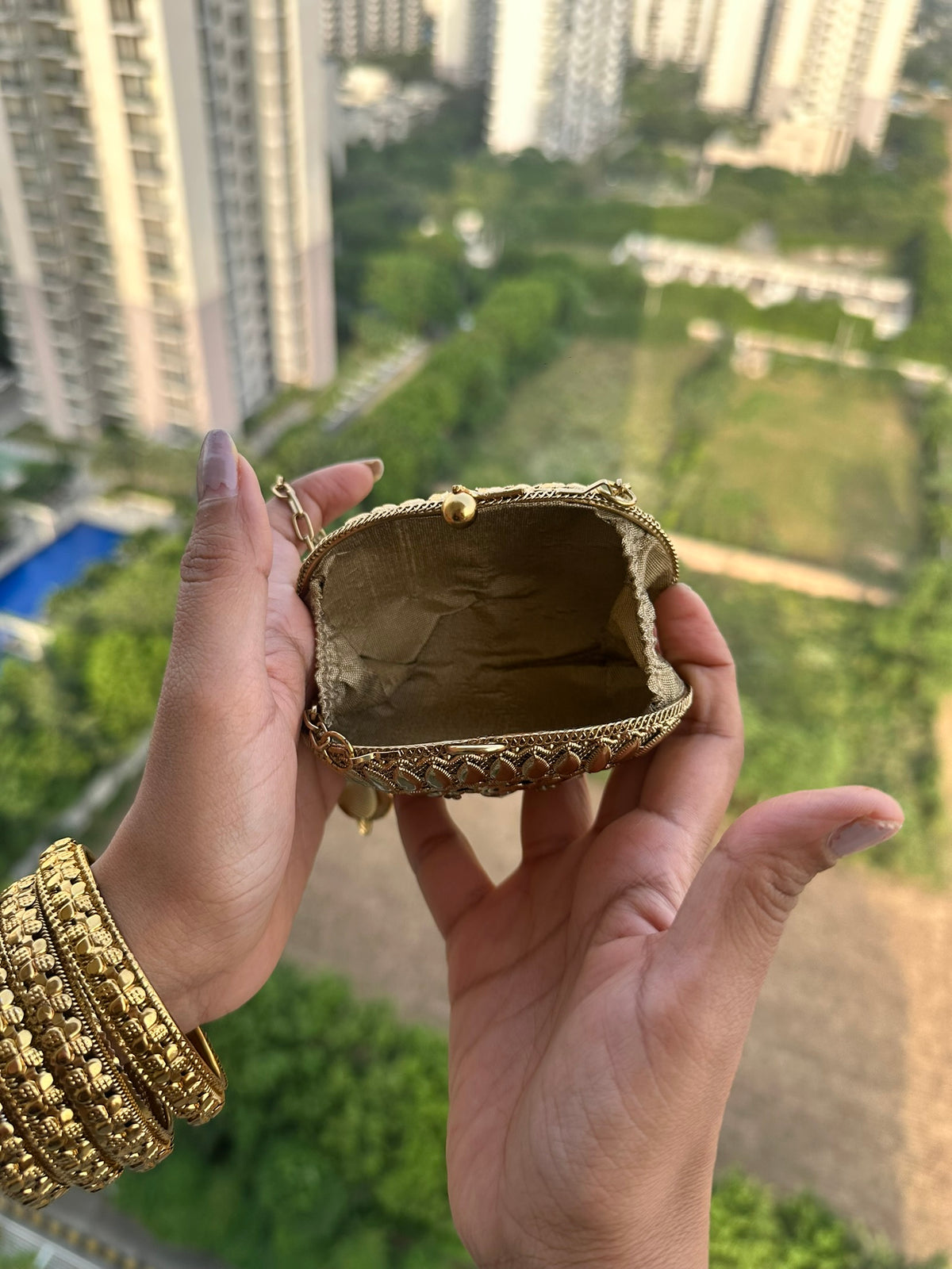 The SAHIBA Vintage Oval Metal Coin Purse | Handcrafted Oval Metal Minaudiere Banjara Charm Sling Ghungroo Party Purse