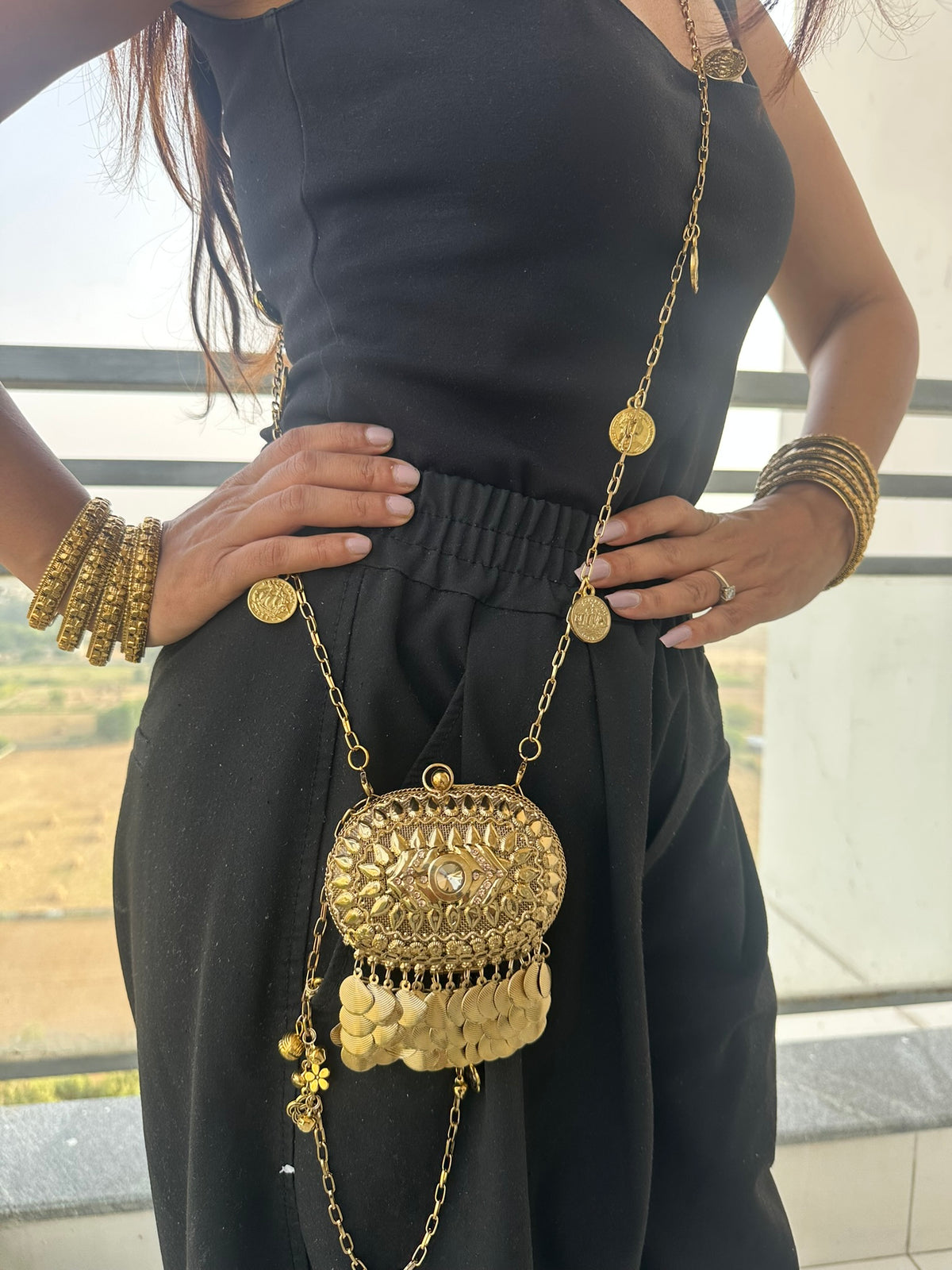 The SAHIBA Vintage Oval Metal Coin Purse | Handcrafted Oval Metal Minaudiere Banjara Charm Sling Ghungroo Party Purse