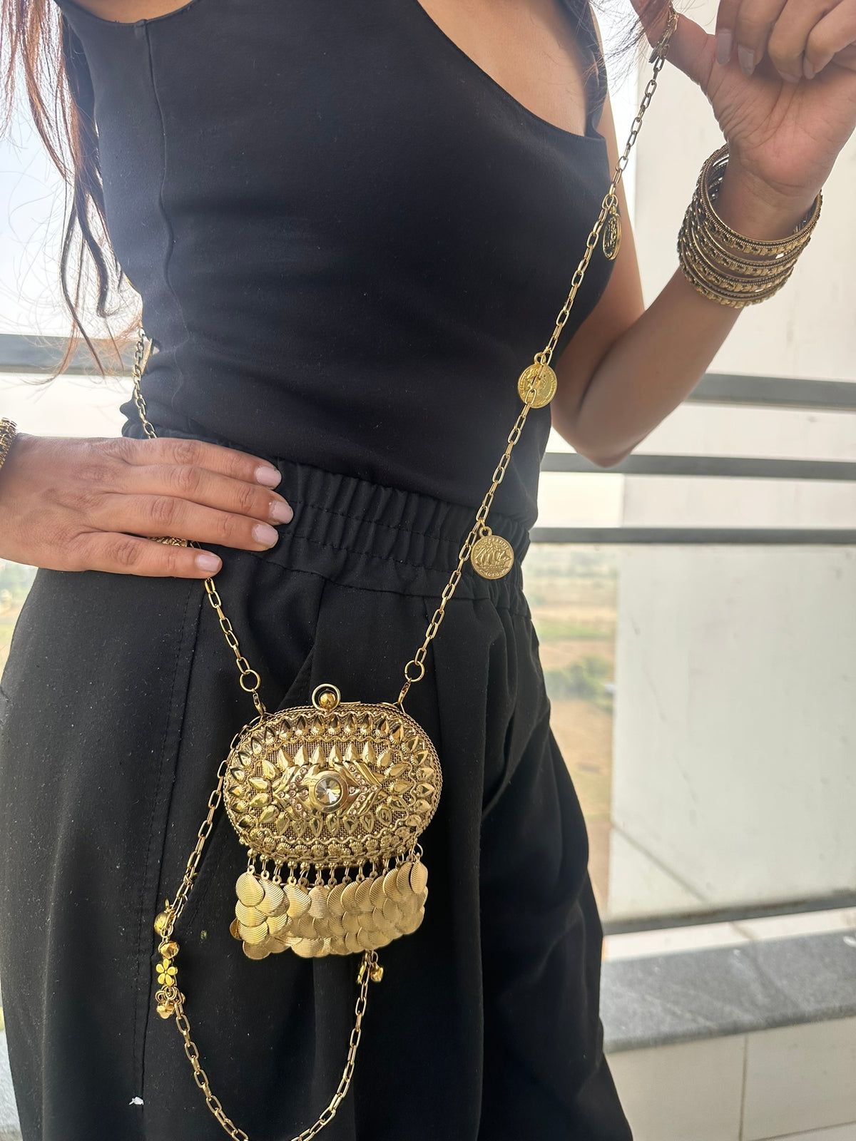 The SAHIBA Vintage Oval Metal Coin Purse | Handcrafted Oval Metal Minaudiere Banjara Charm Sling Ghungroo Party Purse