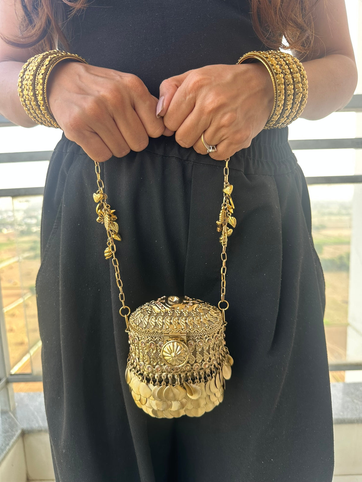The ANARKALI Vintage Tribal Coin Potli | Handcrafted Antique Metal Potli Bag Ethnic Coin Fringe Crossbody Wedding Accessory