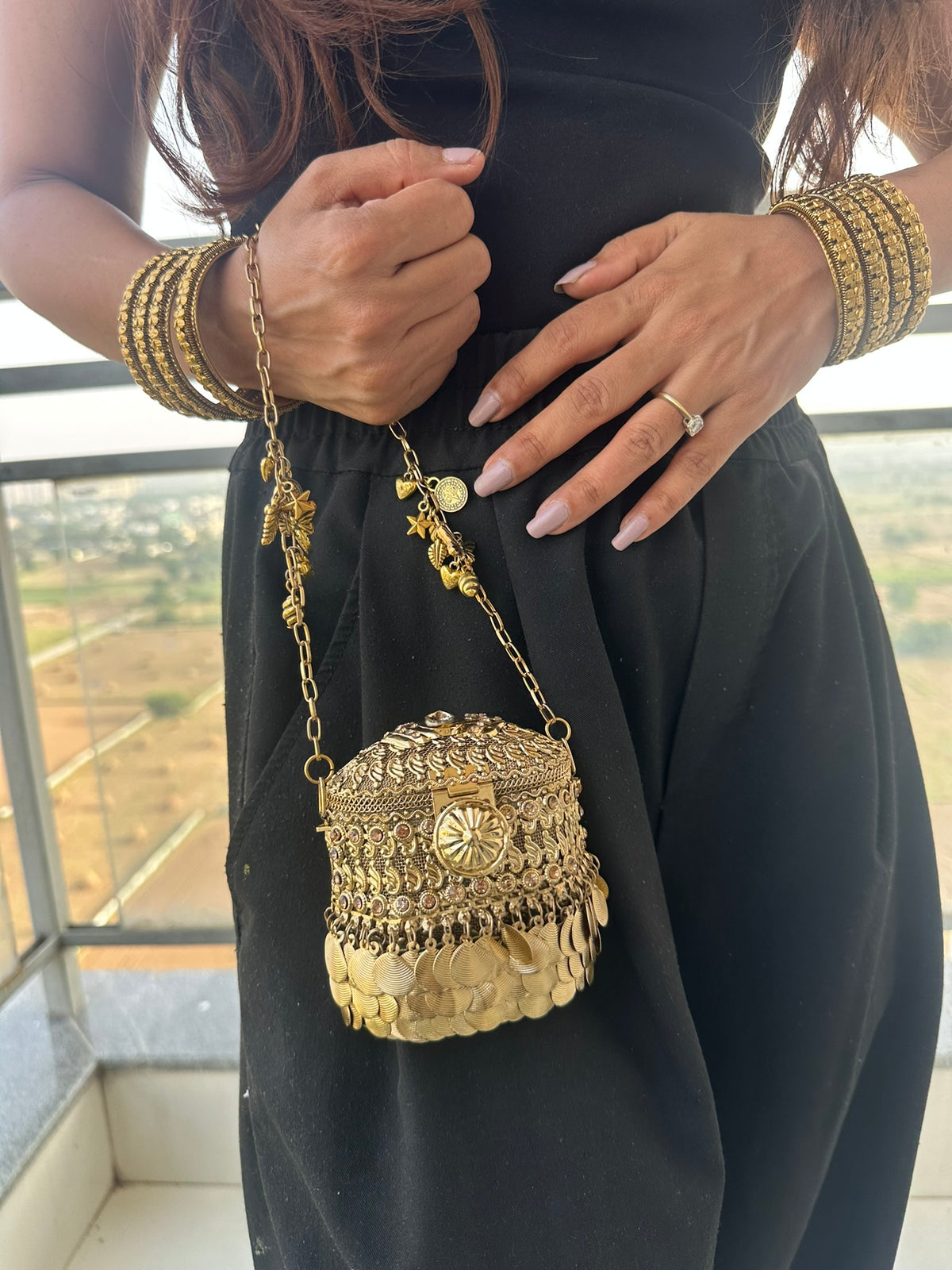 The ANARKALI Vintage Tribal Coin Potli | Handcrafted Antique Metal Potli Bag Ethnic Coin Fringe Crossbody Wedding Accessory