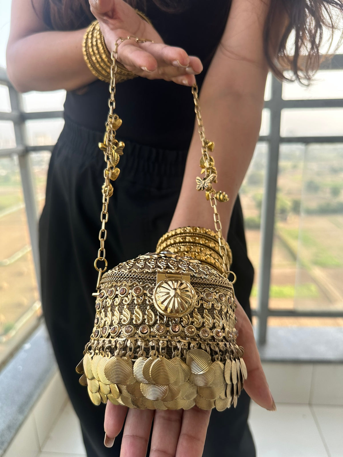 The ANARKALI Vintage Tribal Coin Potli | Handcrafted Antique Metal Potli Bag Ethnic Coin Fringe Crossbody Wedding Accessory