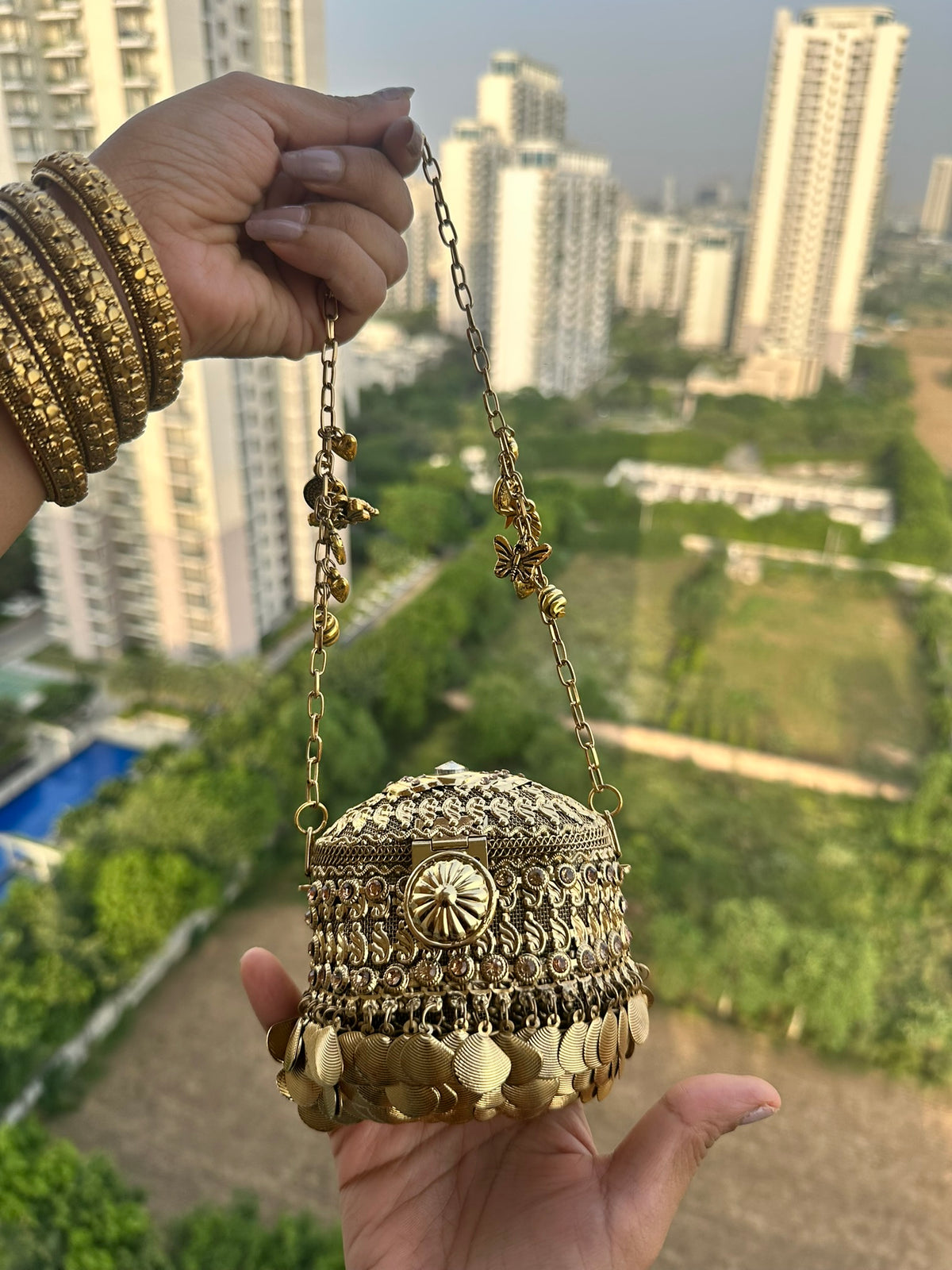 The ANARKALI Vintage Tribal Coin Potli | Handcrafted Antique Metal Potli Bag Ethnic Coin Fringe Crossbody Wedding Accessory