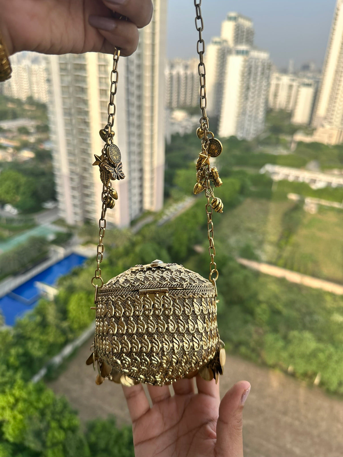 The ANARKALI Vintage Tribal Coin Potli | Handcrafted Antique Metal Potli Bag Ethnic Coin Fringe Crossbody Wedding Accessory