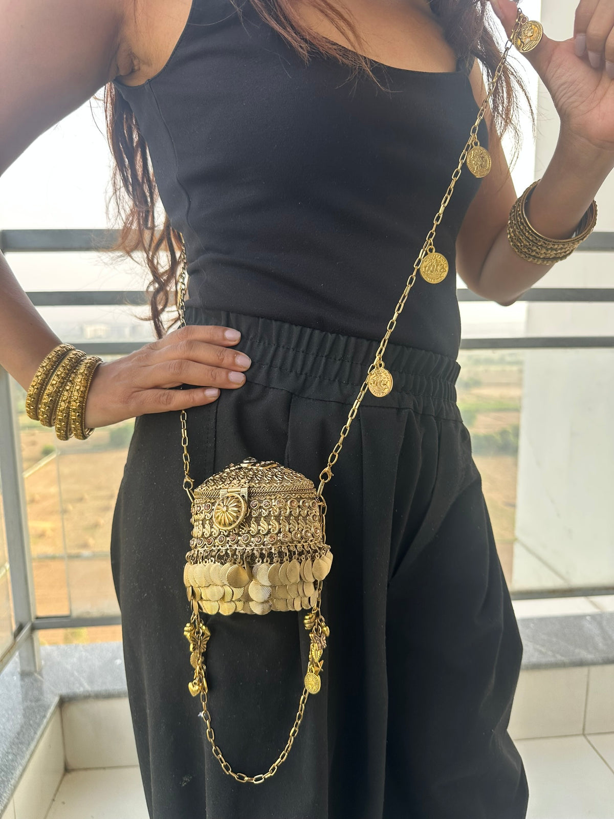 The ANARKALI Vintage Tribal Coin Potli | Handcrafted Antique Metal Potli Bag Ethnic Coin Fringe Crossbody Wedding Accessory