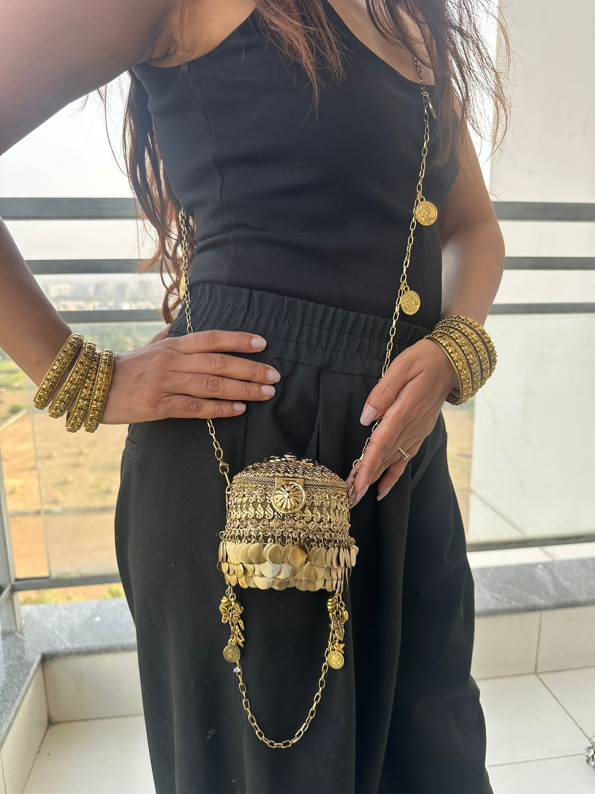 The ANARKALI Vintage Tribal Coin Potli | Handcrafted Antique Metal Potli Bag Ethnic Coin Fringe Crossbody Wedding Accessory