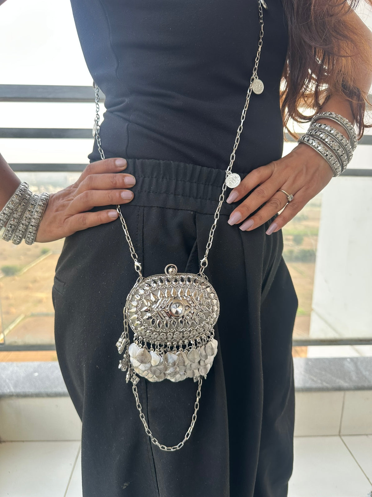 The SAHIBA Vintage Oval Metal Coin Purse | Handcrafted Oval Metal Minaudiere Banjara Charm Sling Ghungroo Party Purse
