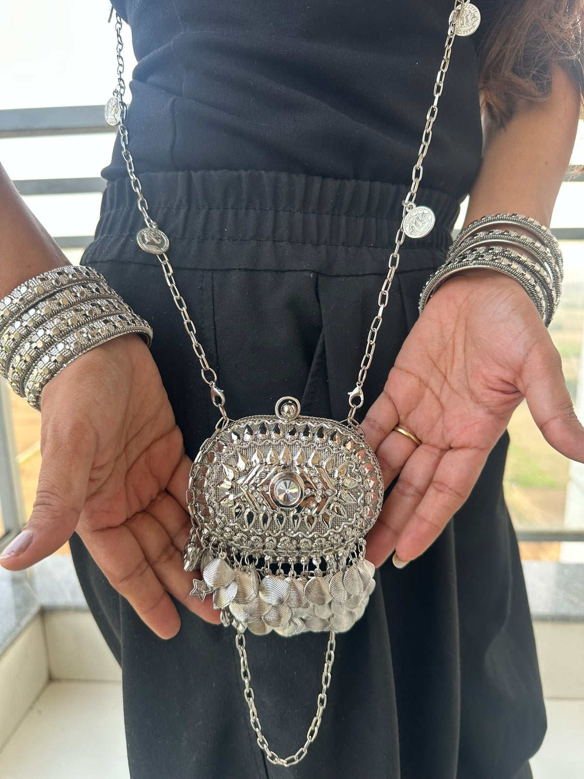 The SAHIBA Vintage Oval Metal Coin Purse | Handcrafted Oval Metal Minaudiere Banjara Charm Sling Ghungroo Party Purse