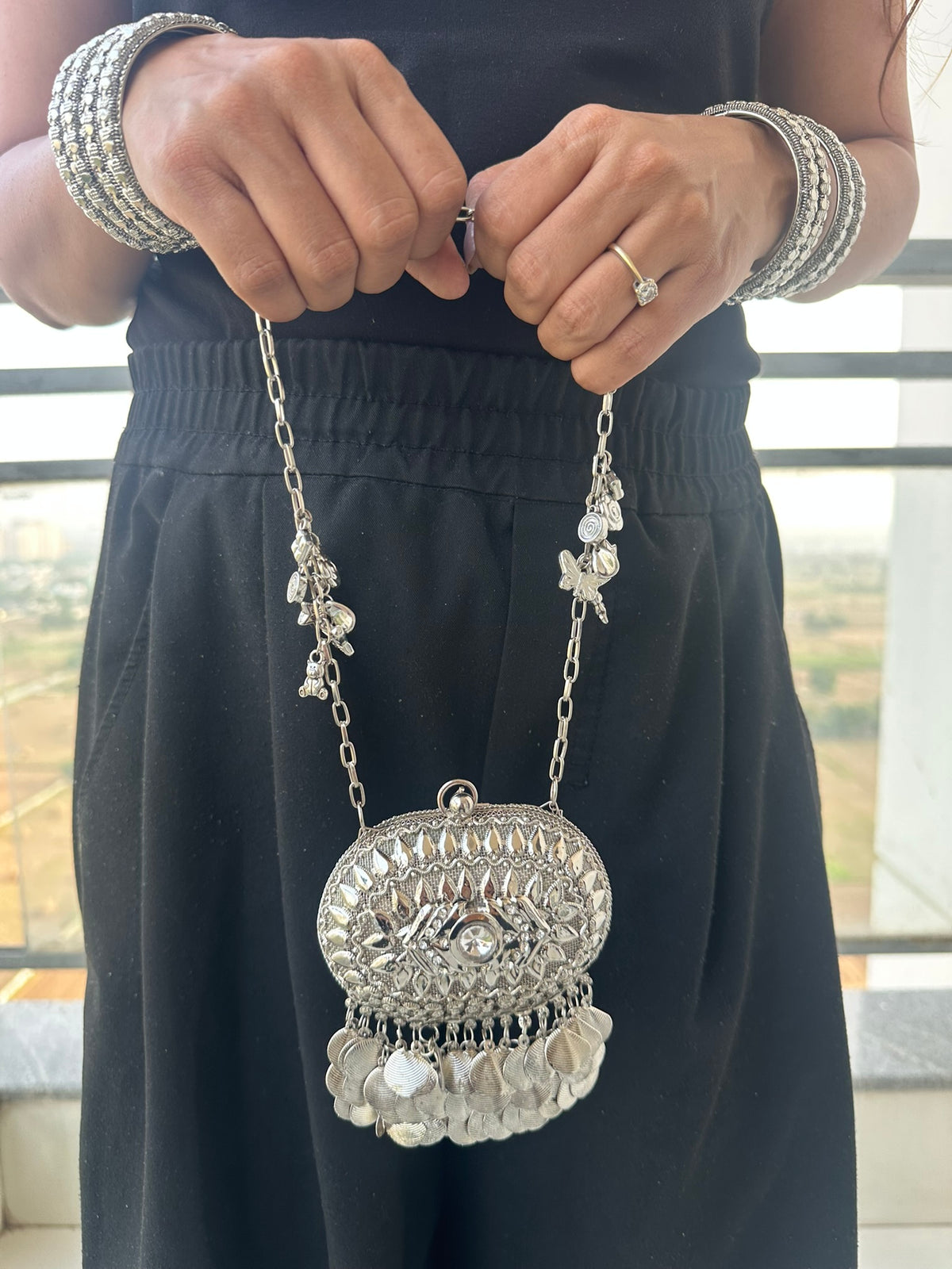 The SAHIBA Vintage Oval Metal Coin Purse | Handcrafted Oval Metal Minaudiere Banjara Charm Sling Ghungroo Party Purse