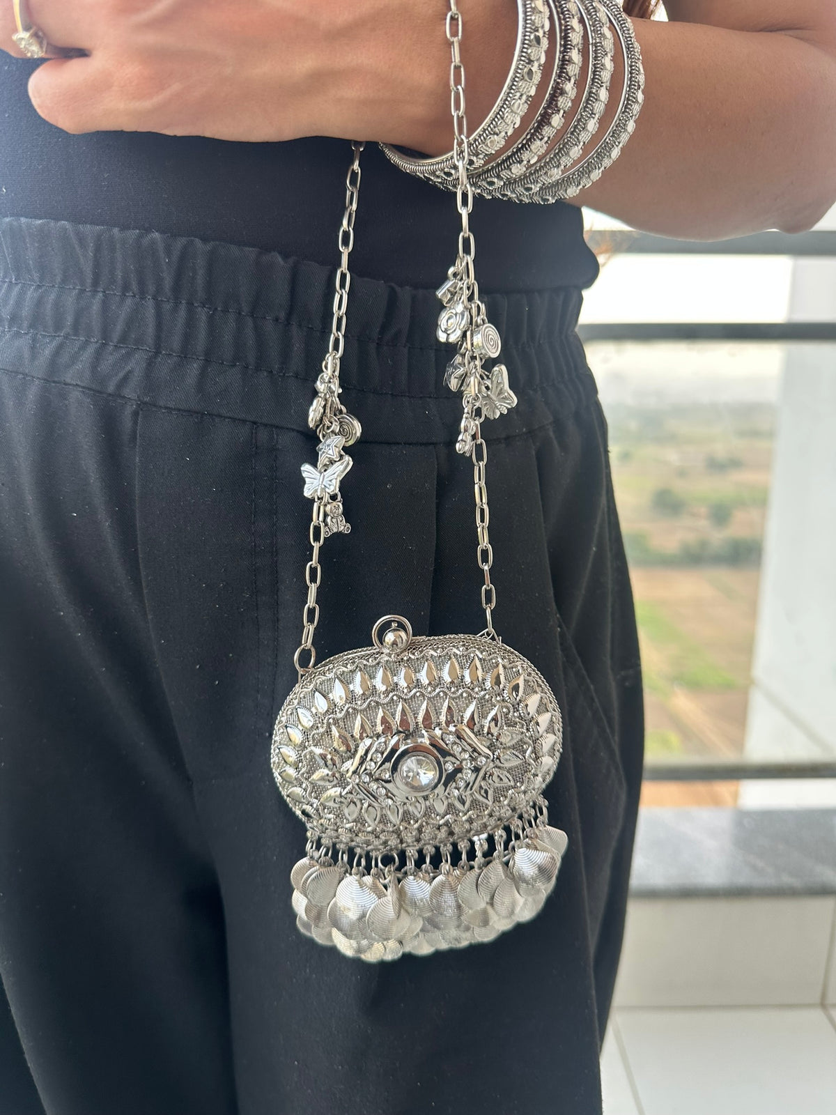 The SAHIBA Vintage Oval Metal Coin Purse | Handcrafted Oval Metal Minaudiere Banjara Charm Sling Ghungroo Party Purse