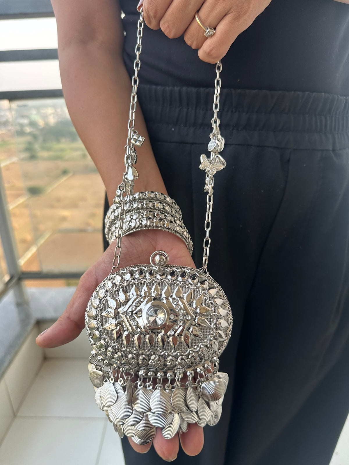 The SAHIBA Vintage Oval Metal Coin Purse | Handcrafted Oval Metal Minaudiere Banjara Charm Sling Ghungroo Party Purse