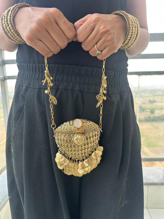 The RHEA Arched Crown Metal Coin Purse | Handcrafted Arched Metallic Crown Pouch Ethnic Coin Drop Party Sling
