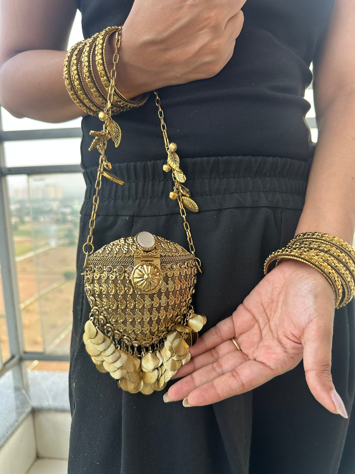 The RHEA Arched Crown Metal Coin Purse | Handcrafted Arched Metallic Crown Pouch Ethnic Coin Drop Party Sling