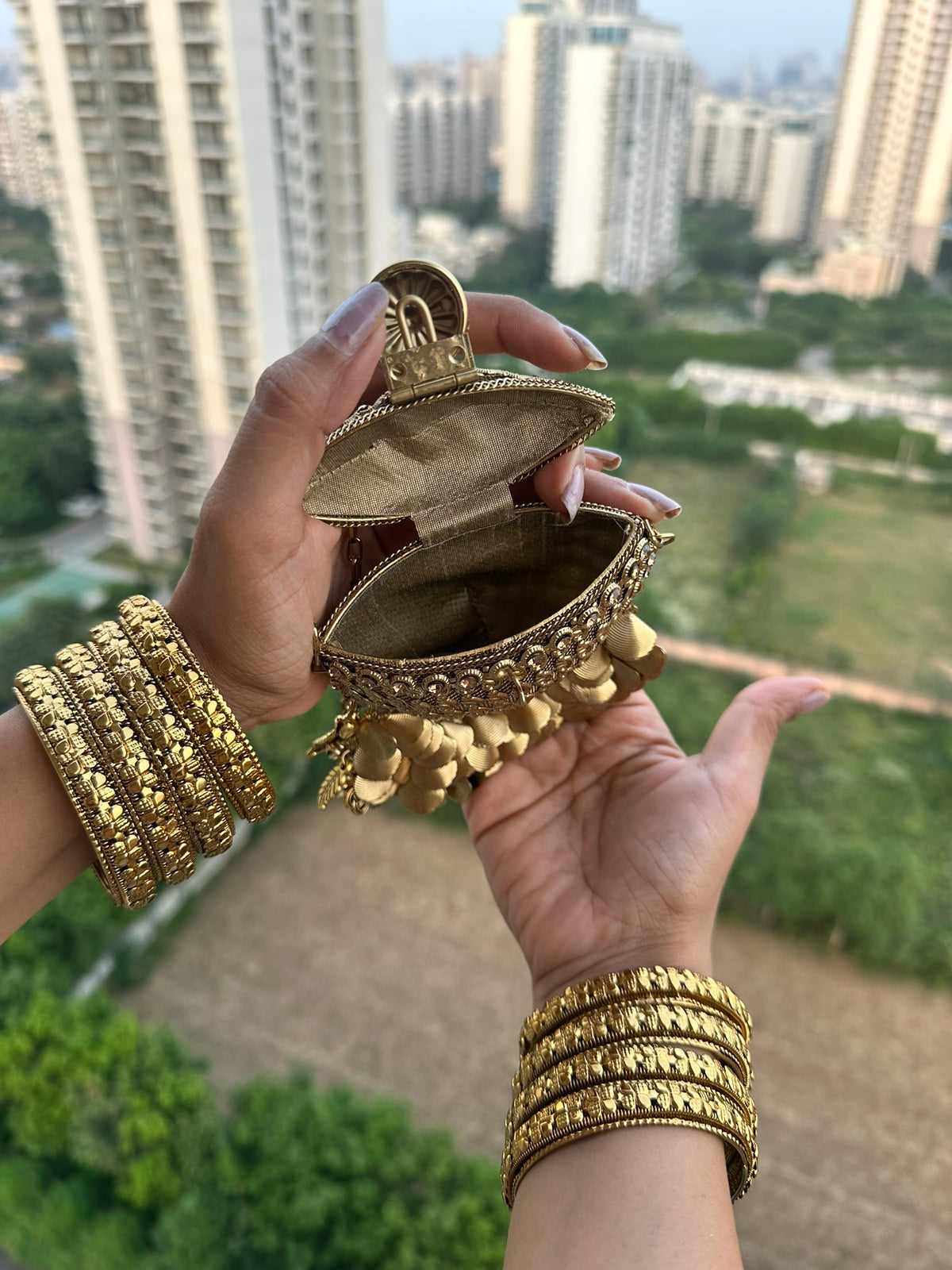 The RHEA Arched Crown Metal Coin Purse | Handcrafted Arched Metallic Crown Pouch Ethnic Coin Drop Party Sling