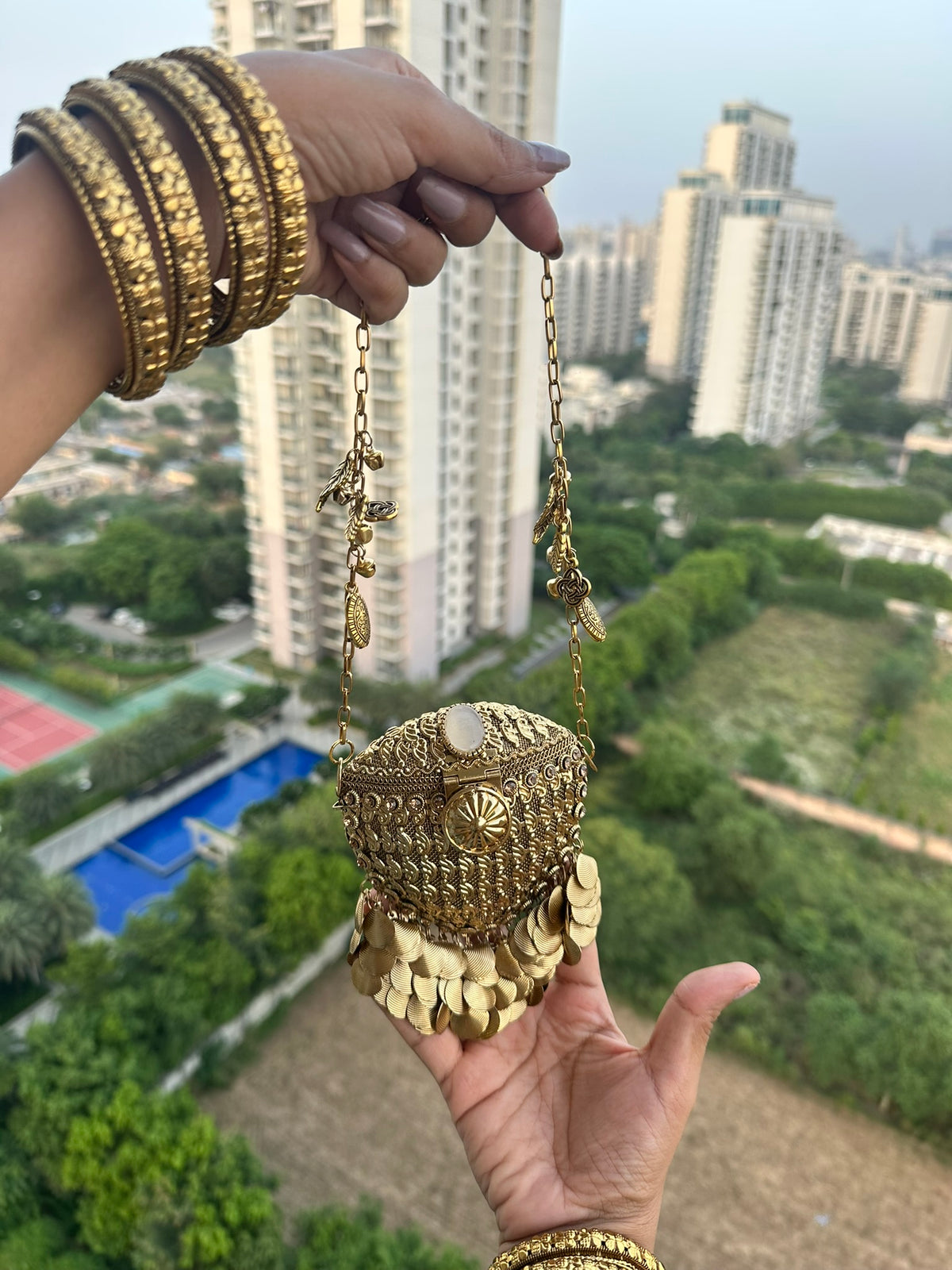 The RHEA Arched Crown Metal Coin Purse | Handcrafted Arched Metallic Crown Pouch Ethnic Coin Drop Party Sling